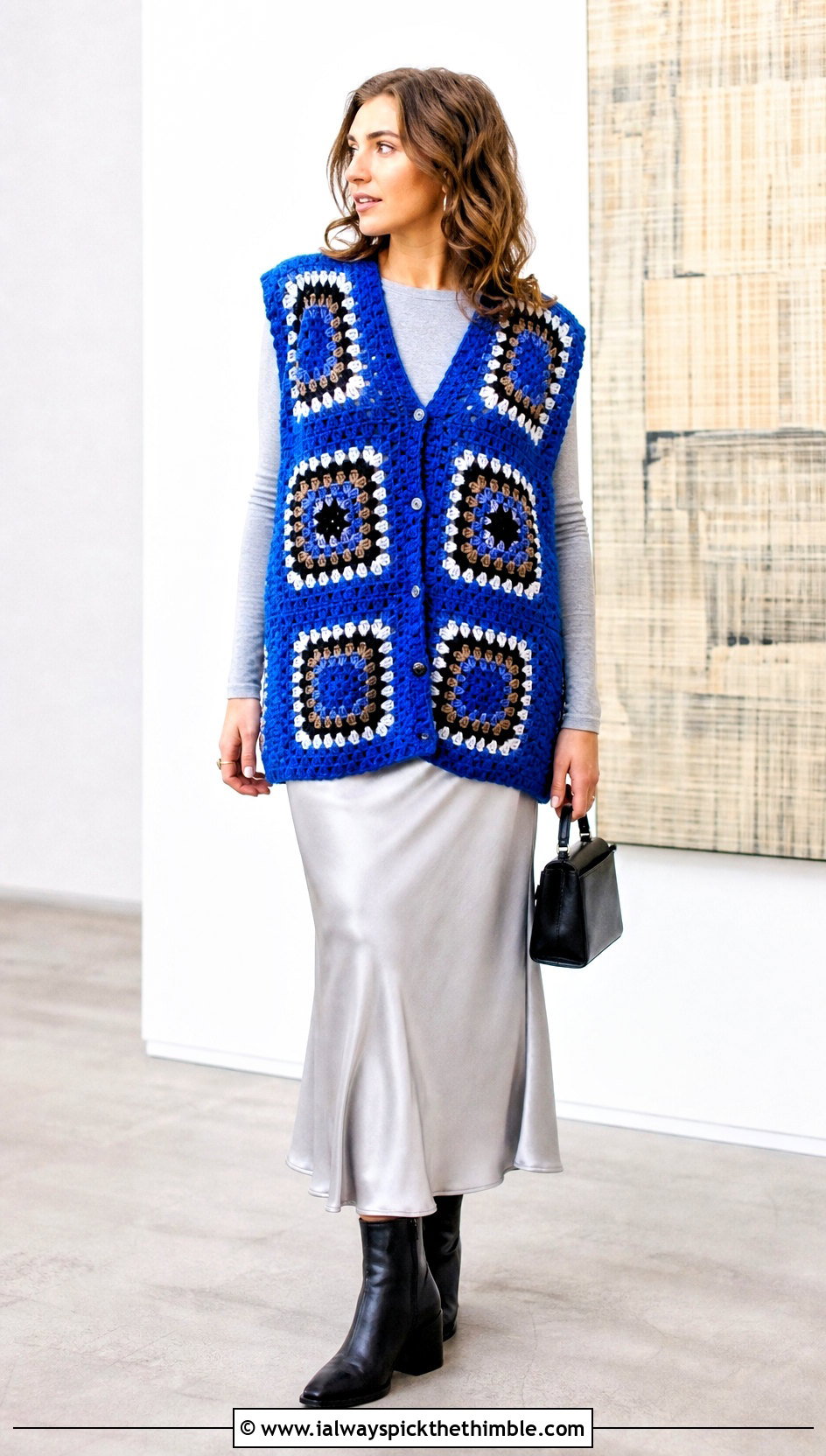 Oversized Granny Square Vest With A Satin Slip Skirt - 15 Crochet Granny Square Vest outfit ideas