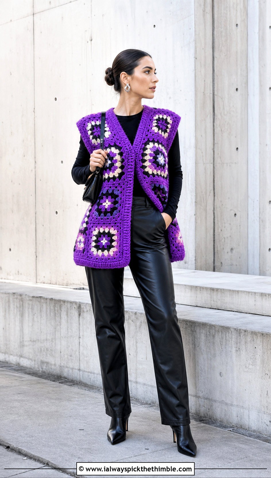 Oversized Granny Square Waistcoat With Leather Pants - 25 granny square waistcoat outfit ideas
