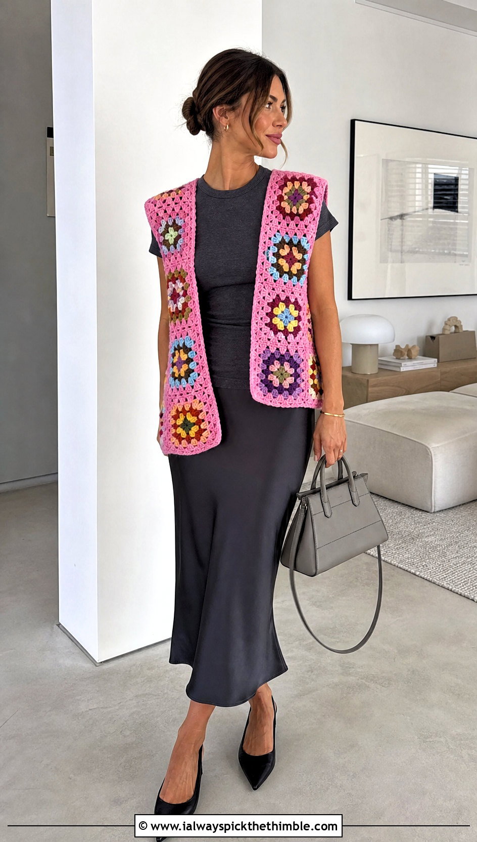 Oversized Granny Square Waistcoat With Satin Midi Skirt - 20 crochet granny square waistcoat outfit ideas