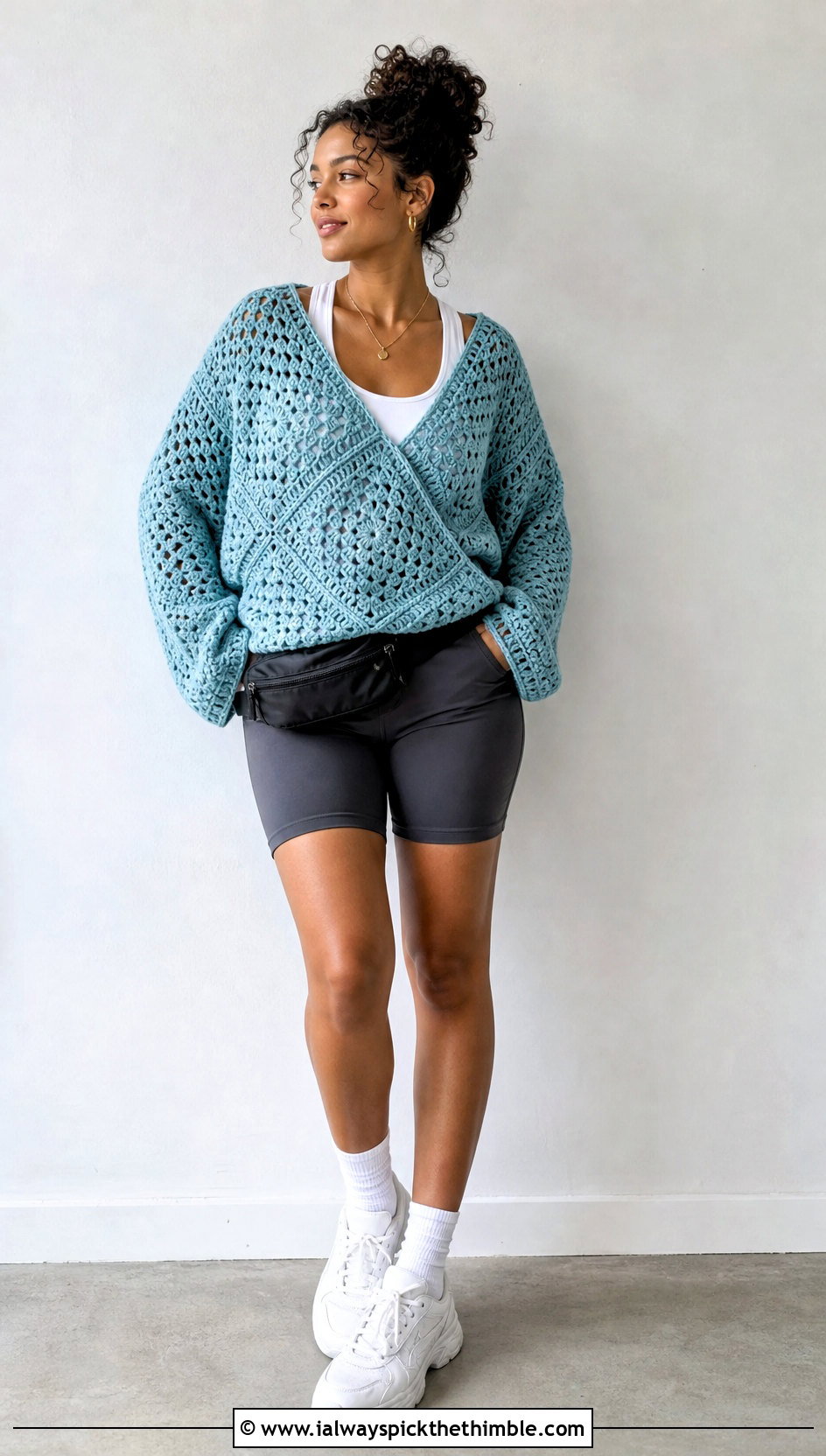 Oversized Granny Square Wrap Top With Bike Shorts - 25 granny square wrap top outfit ideas