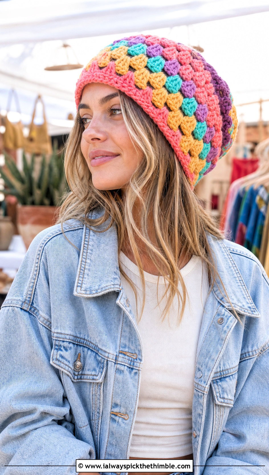 Oversized Granny Stitch Crochet Beanie With Denim Jacket - 15 Oversized Crochet Beanie outfit ideas