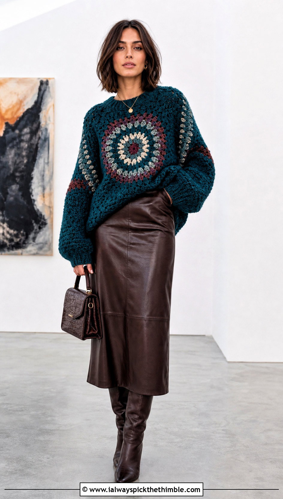 Oversized Granny Stitch Crochet Round Sweater With Leather Midi Skirt - 15 crochet round sweater outfit ideas