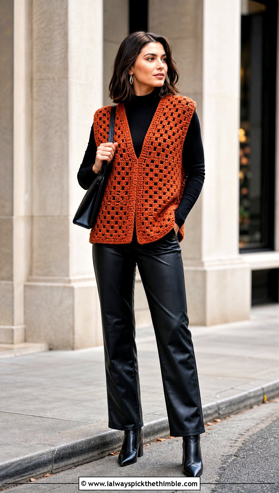 Oversized Granny Stitch Crochet Vest With Leather Pants - 15 Boho Style Crochet Vest outfit ideas