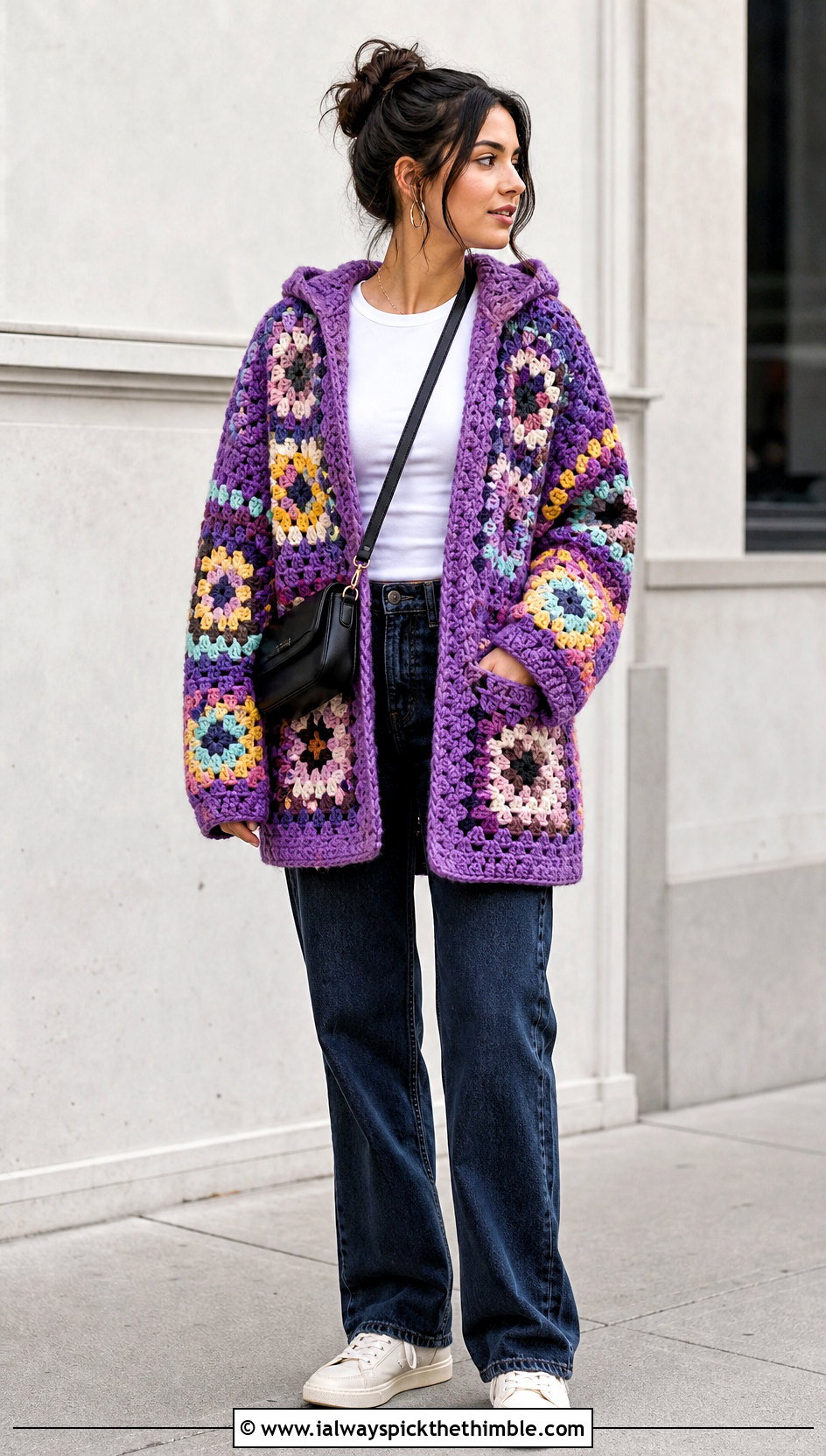 Oversized Granny Stitch Hooded Crochet Cardigan With Straight Jeans - 20 crochet hoodie cardigan outfit ideas