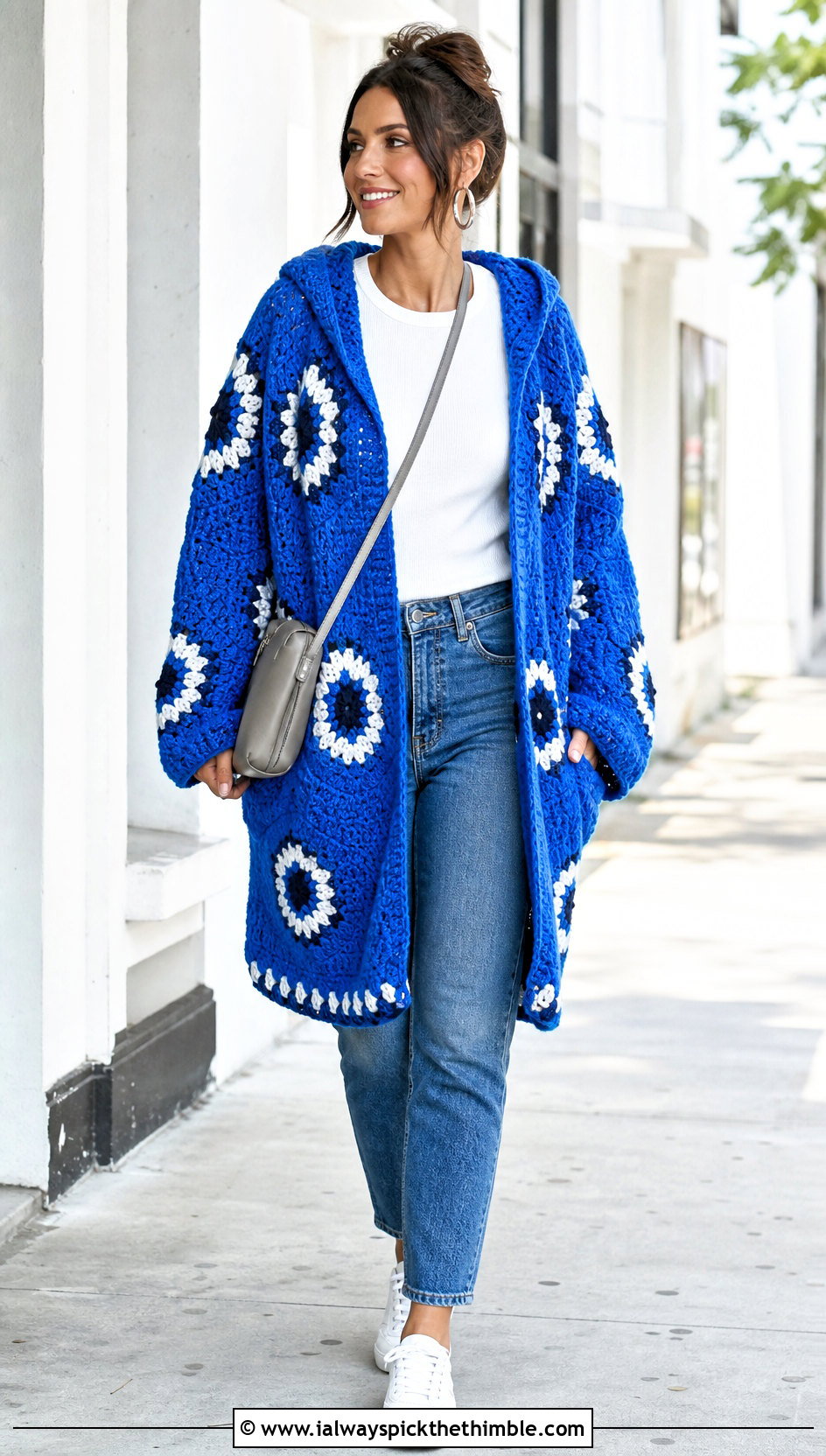 Oversized Granny Stitch Hooded Hexagon Cardigan With Straight Leg Jeans - 20 Crochet Hexagon Cardigan With Hood outfit ideas