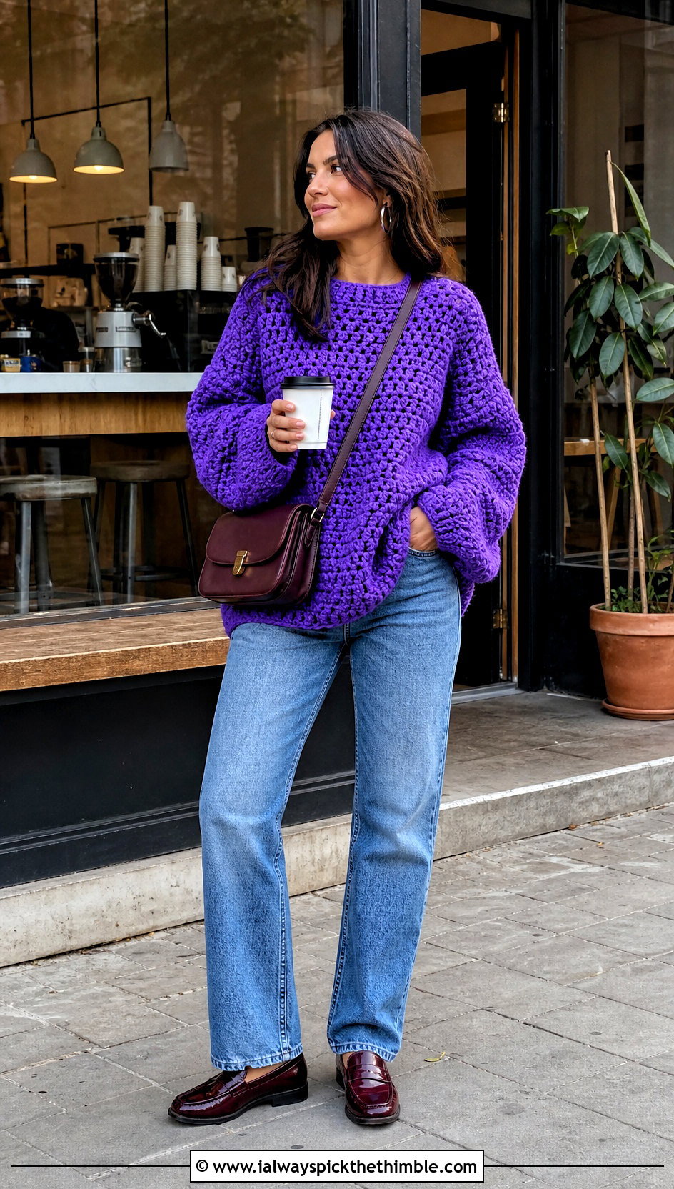 Oversized Granny Stitch Purple Crochet Sweater With Straight Jeans - 15 Purple Crochet Sweater outfit ideas