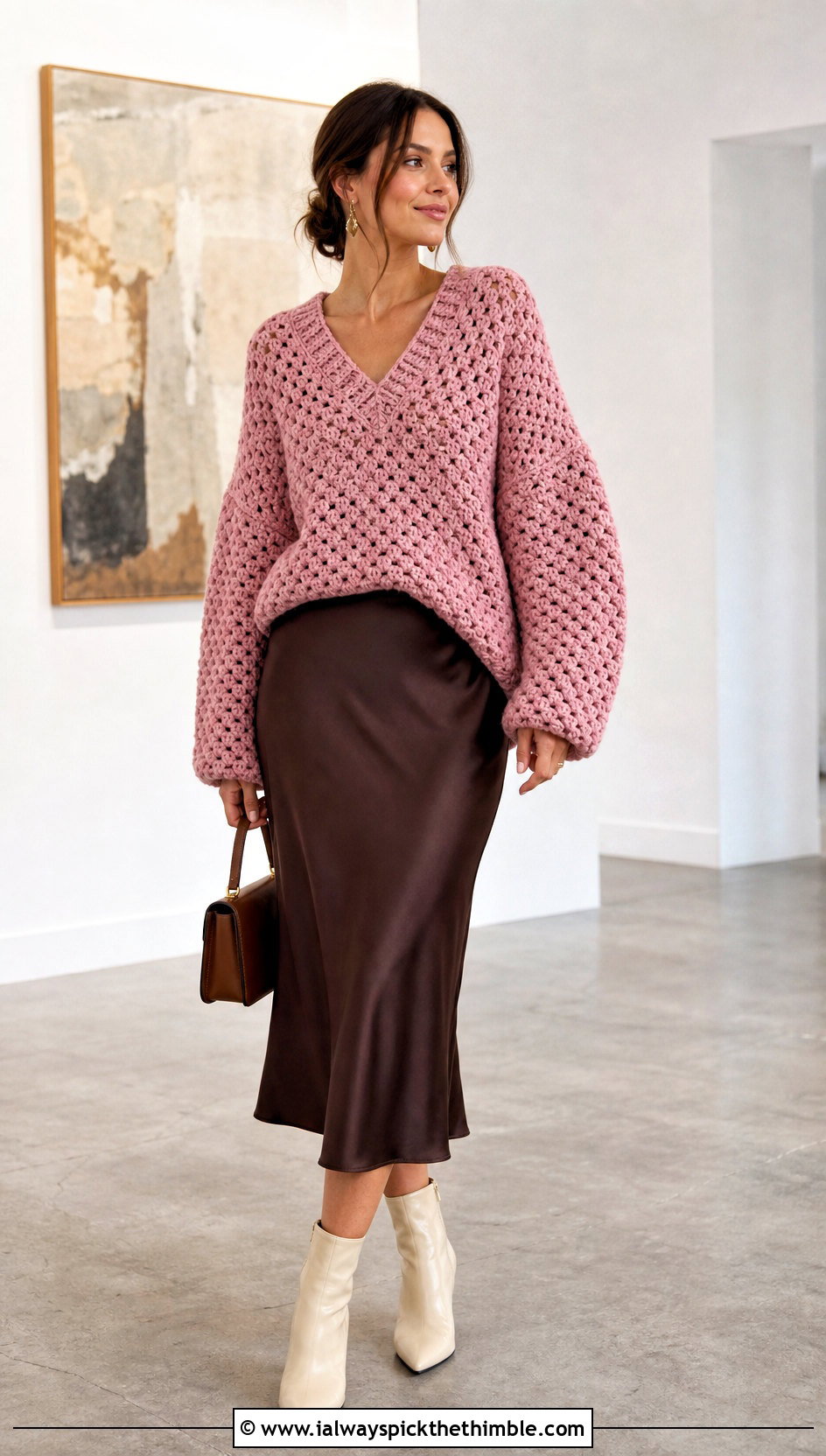 Oversized Granny Stitch V Neck Crochet Sweater With Satin Midi Skirt - 15 v-neck crochet sweater outfit ideas