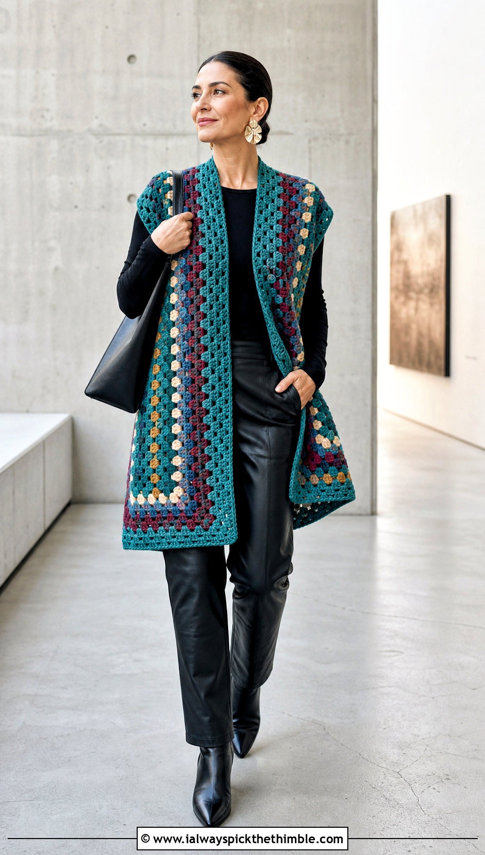 Oversized Granny Stripe Crochet Vest With Leather Pants - 15 granny stripe crochet vest outfit ideas