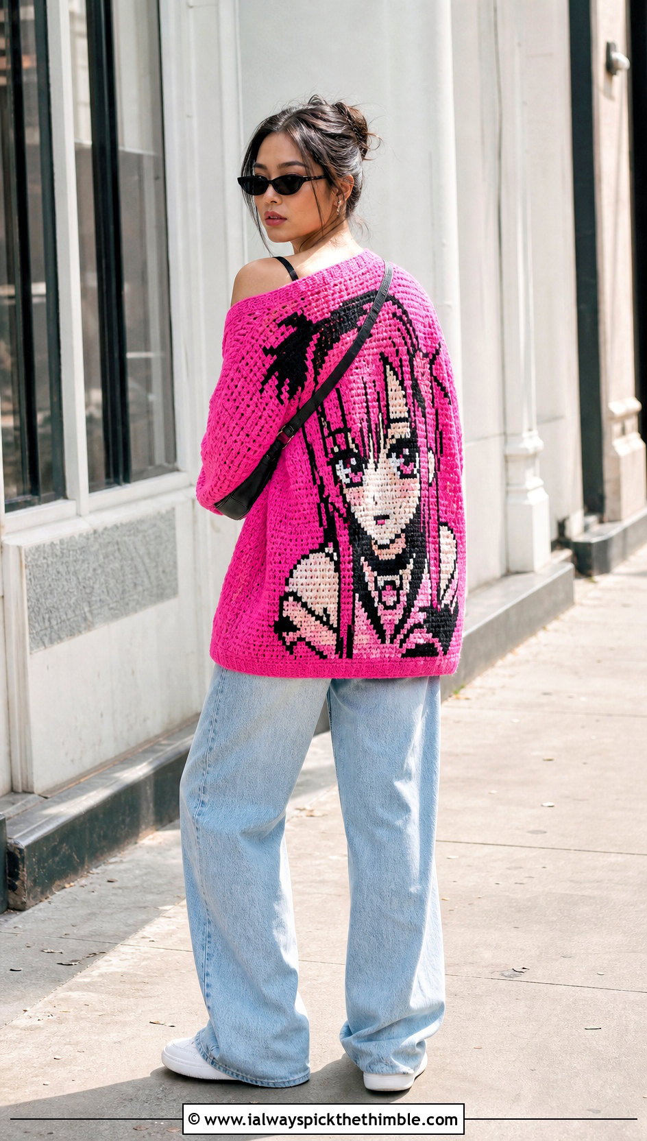 Oversized Graphic Anime Crochet Cardigan With Wide Leg Jeans - 20 anime crochet cardigan outfit ideas