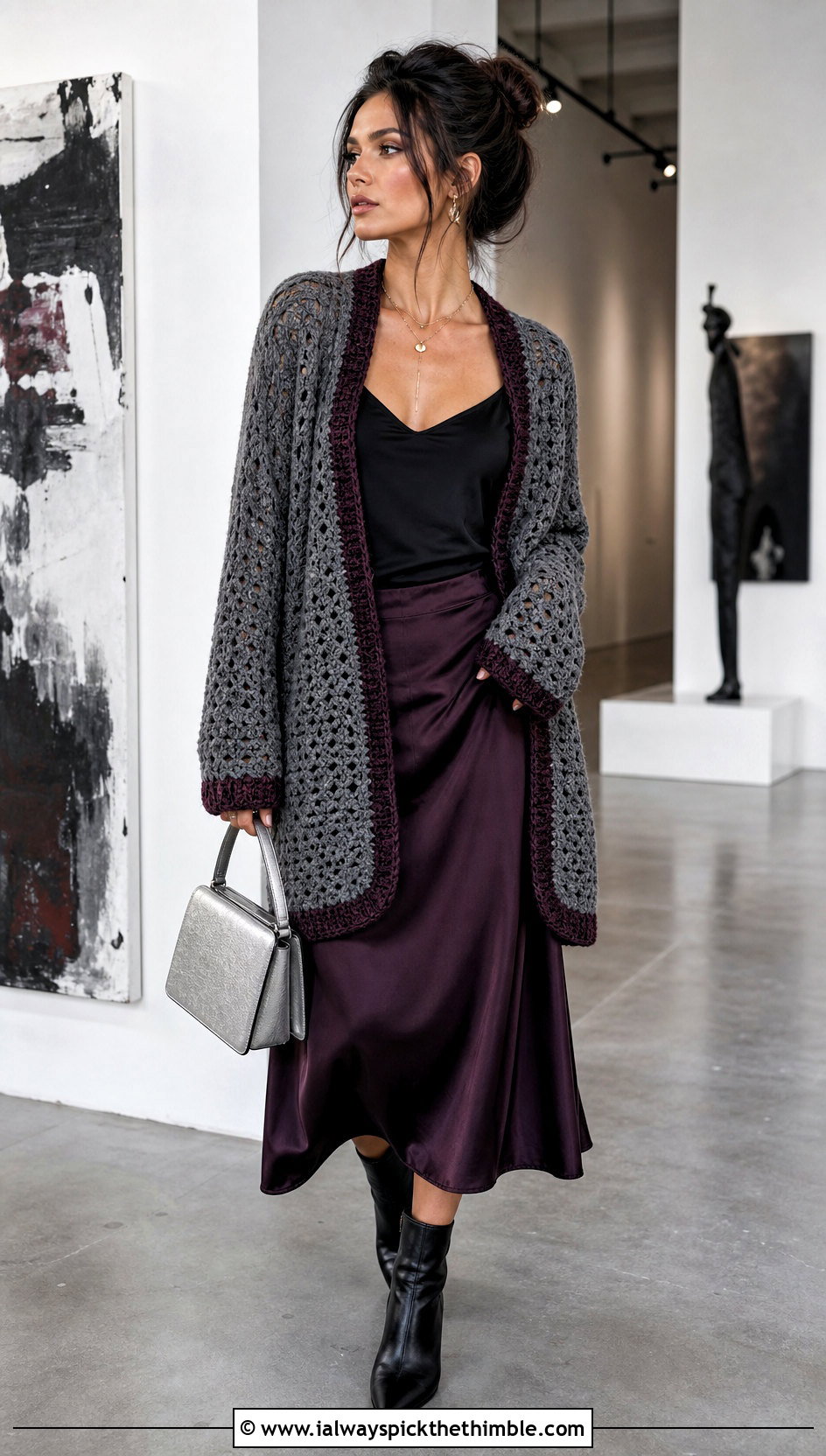 Oversized Gray Crochet Cardigan With Satin Midi Skirt - 15 Gray Crochet Cardigan outfit ideas