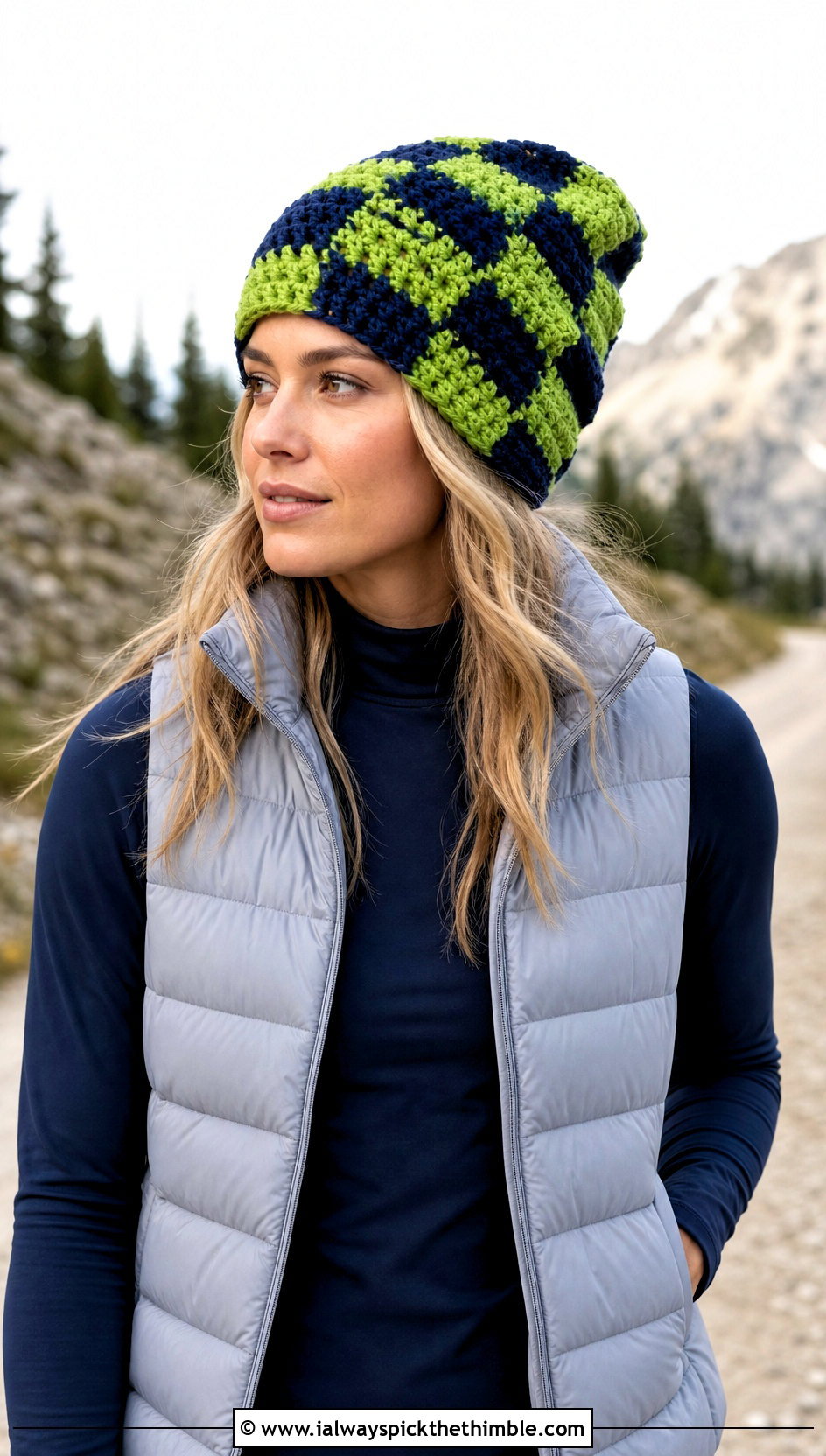 Oversized Grid Plaid Crochet Beanie With Puffer Vest - 15 Plaid Crochet Beanie outfit ideas