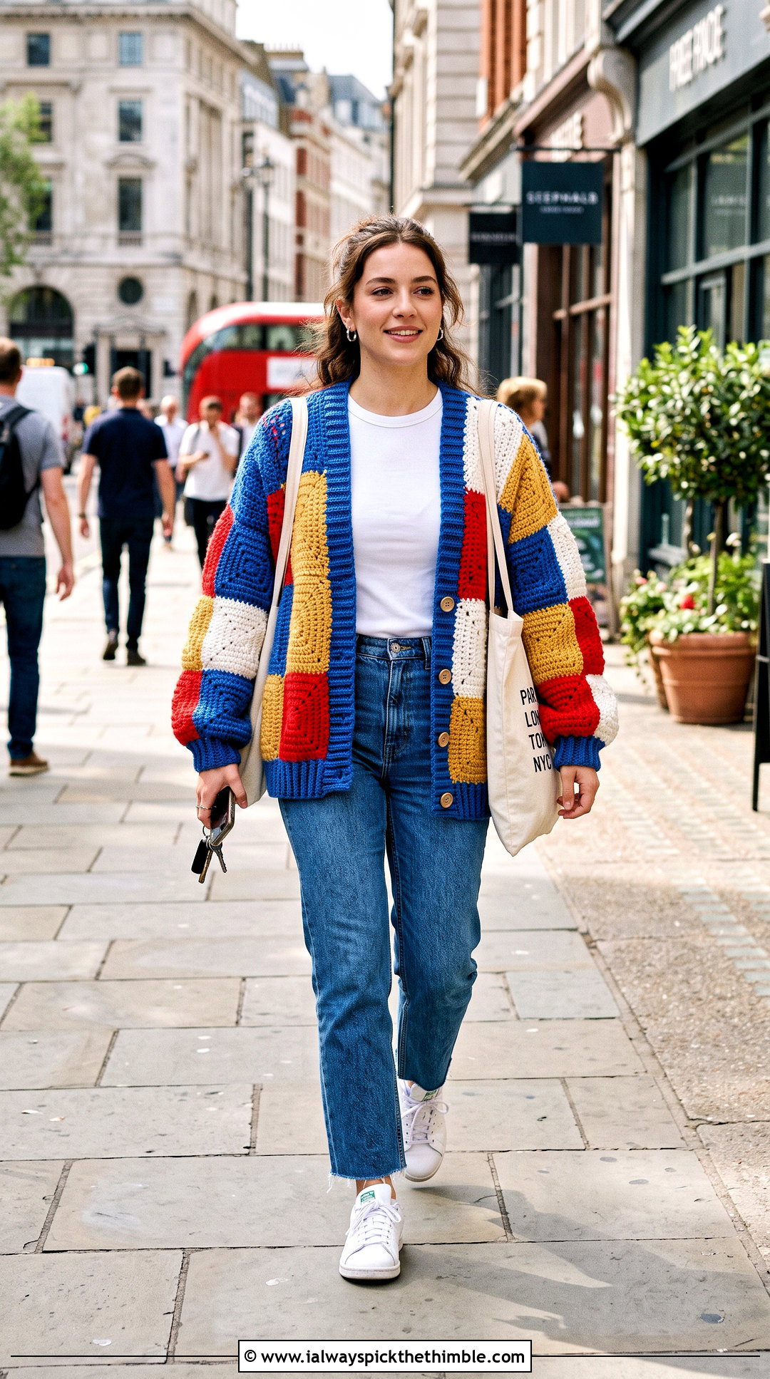 Oversized Harry Styles Patchwork Crochet Cardigan With Straight Jeans - 15 harry styles patchwork crochet cardigan outfit ideas