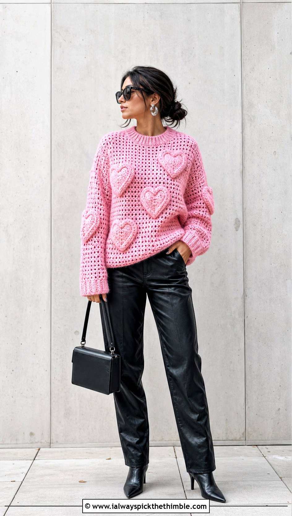 Oversized Heart Applique Crochet Sweater With Leather Pants - 15 sweetheart crochet sweater outfit ideas
