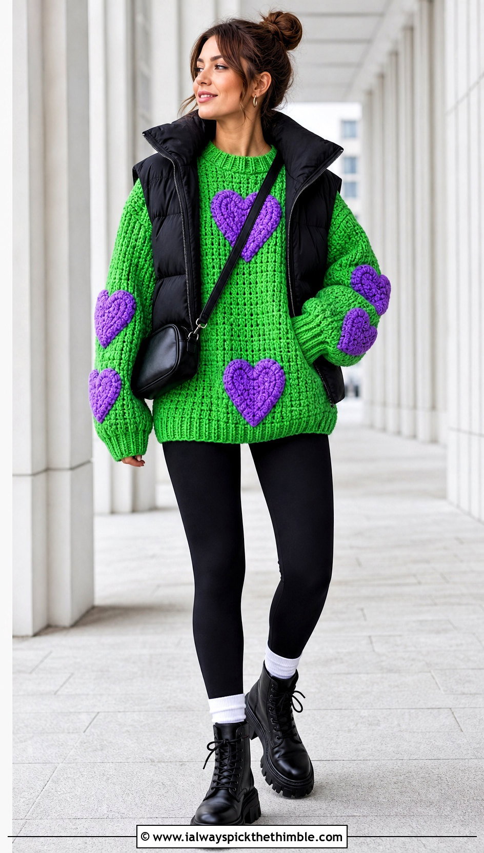 Oversized Heart Applique Crochet Sweater With Leggings - 20 crochet valentine sweater outfit ideas
