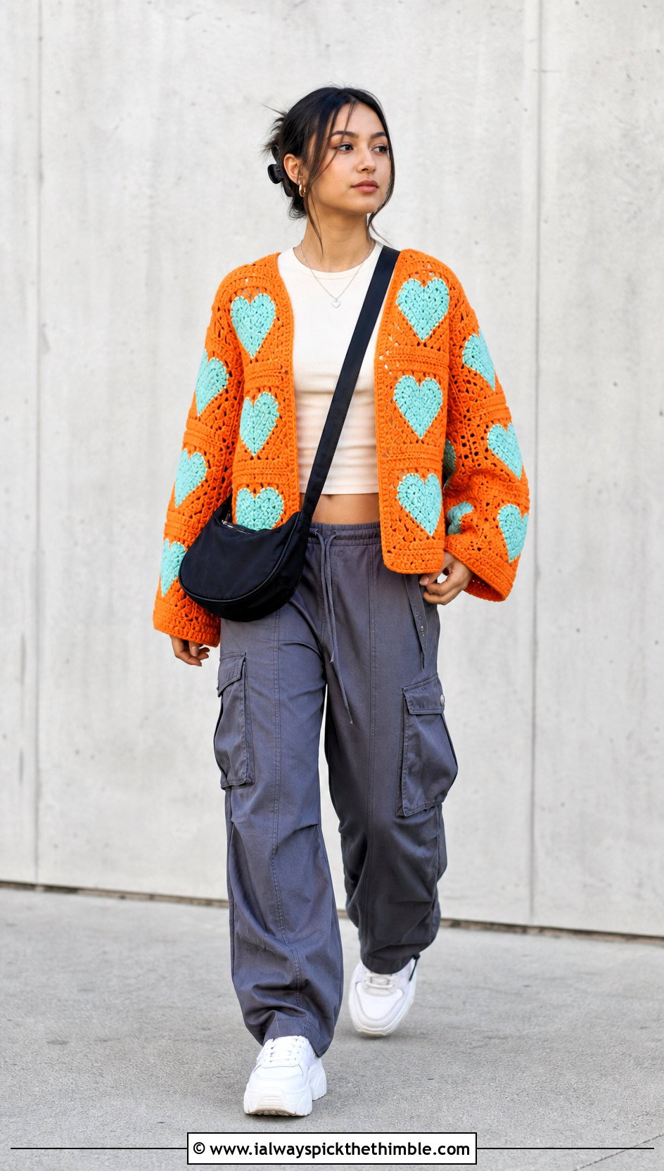 Oversized Heart Granny Square Cardigan With Cargo Pants - 25 Heart Granny Square Cardigan outfit ideas
