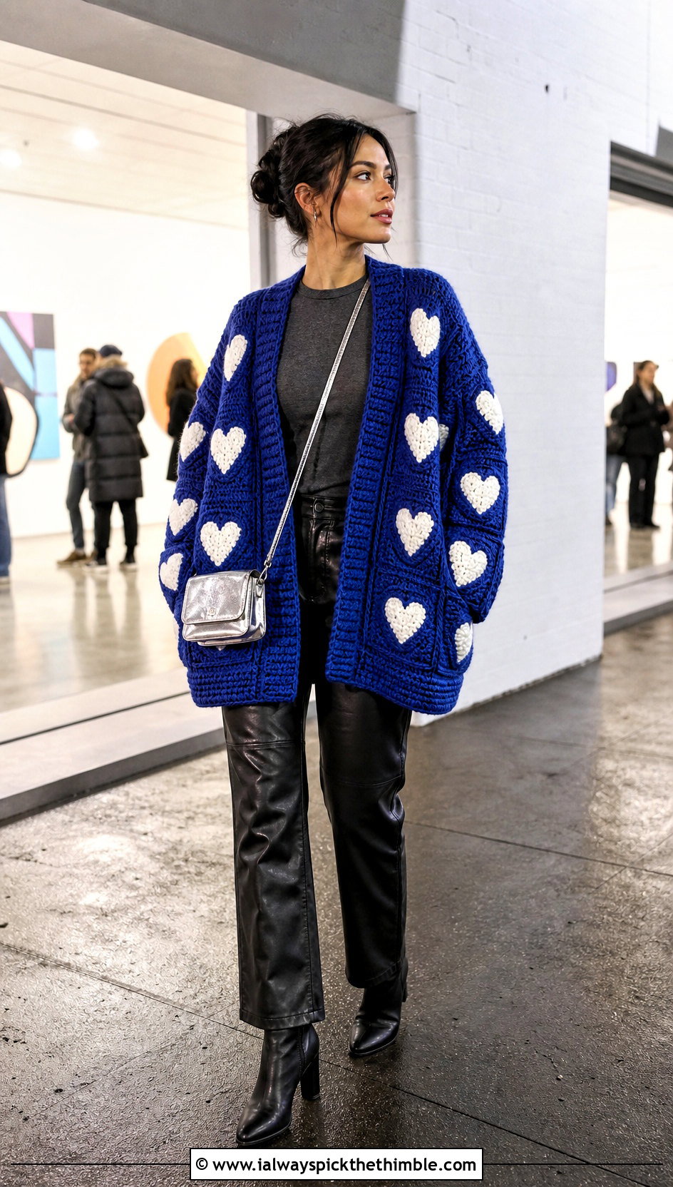Oversized Heart Patchwork Cardigan With Leather Pants - 25 crochet heart cardigan outfit ideas