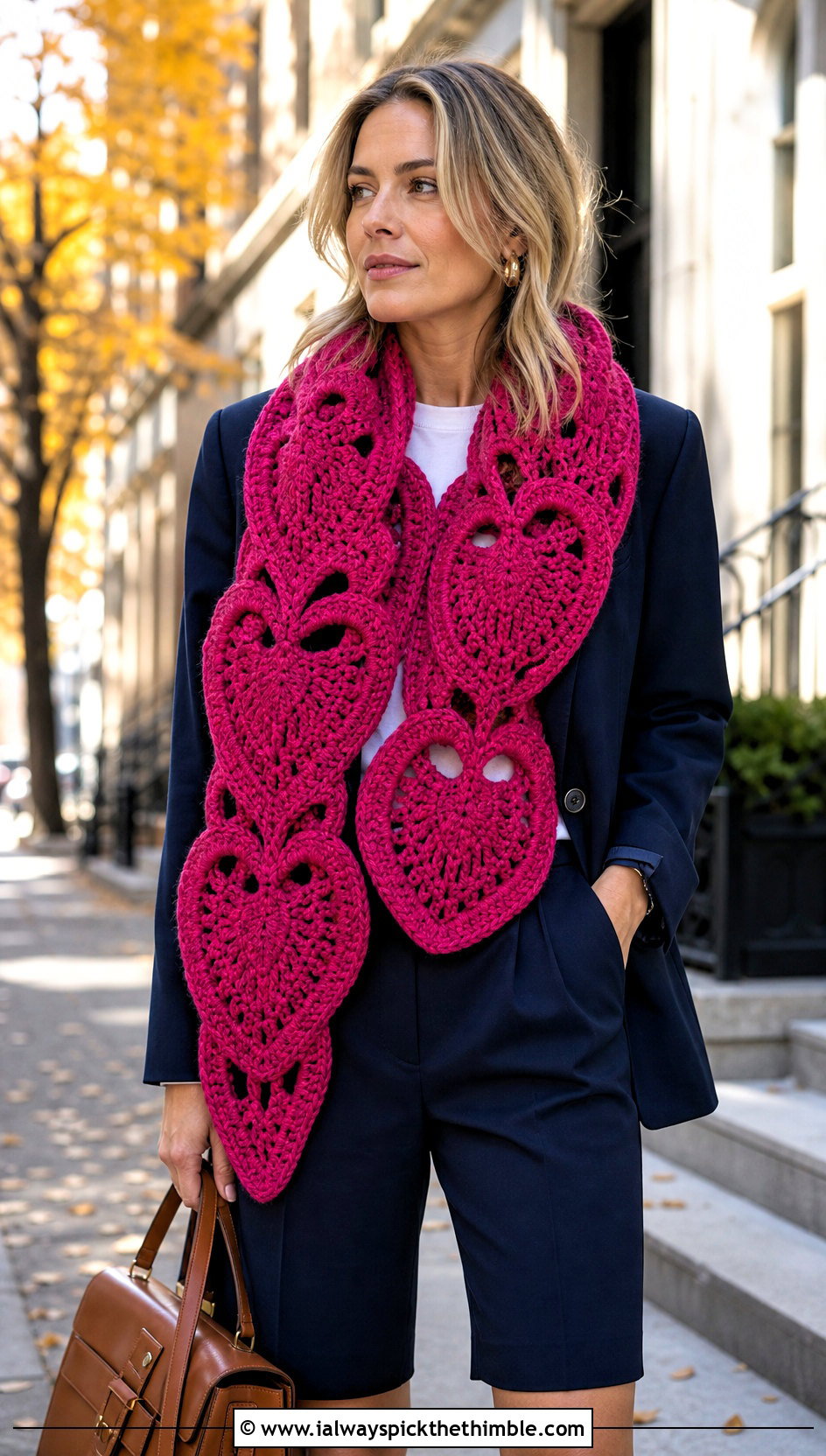 Oversized Heart Scarf With Blazer And Shorts - 20 crochet heart scarf outfit ideas