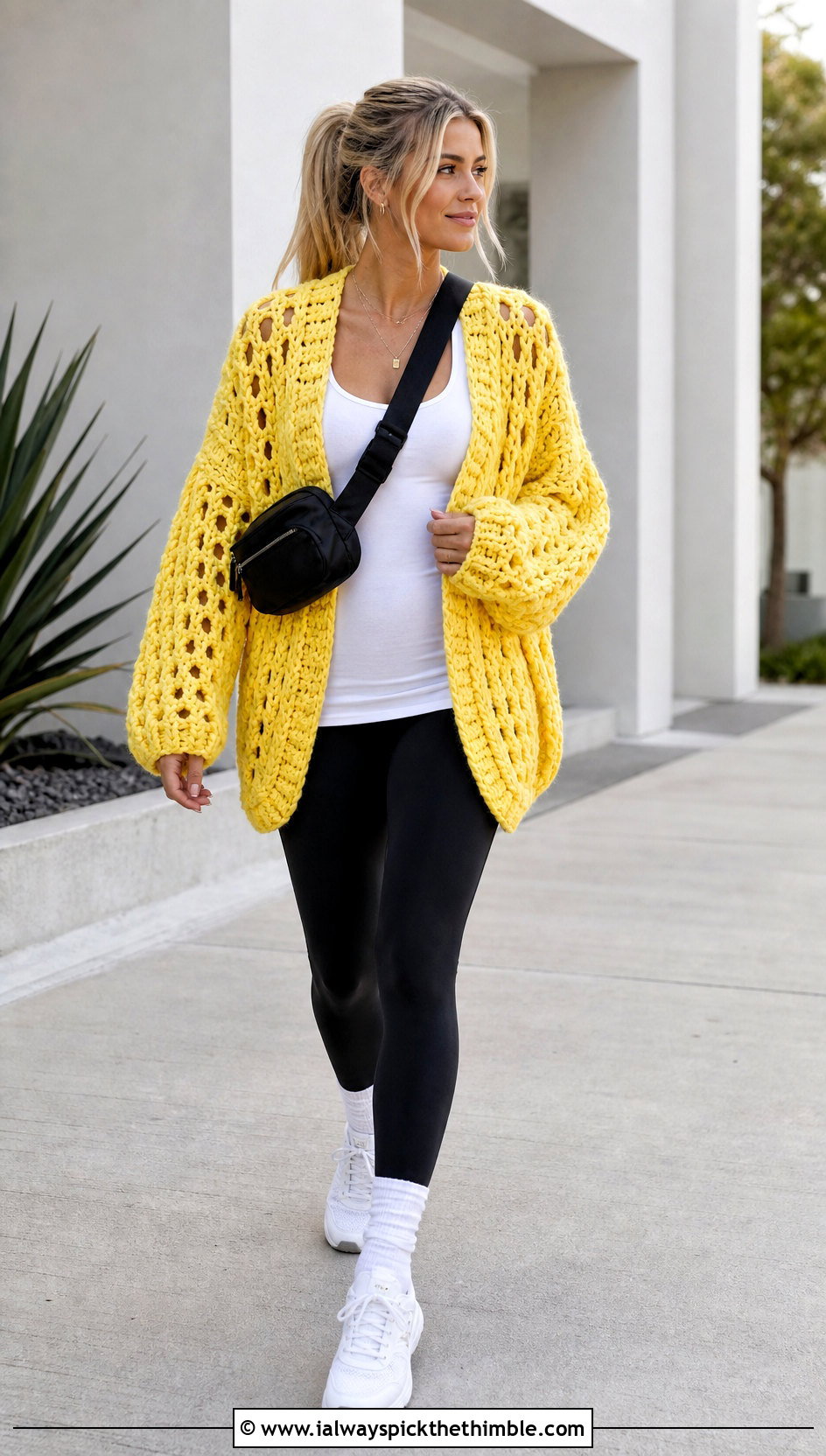 Oversized Hex Crochet Cardigan With Leggings And Sneakers - 25 hex crochet cardigan outfit ideas