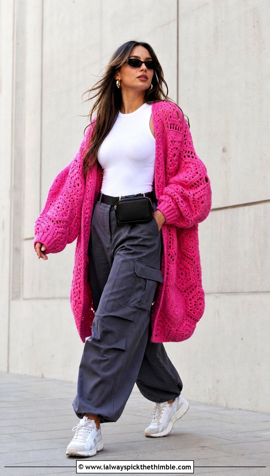 Oversized Hexagon Crochet Cardigan With Cargo Pants - 20 Simple Crochet Cardigan For Women outfit ideas