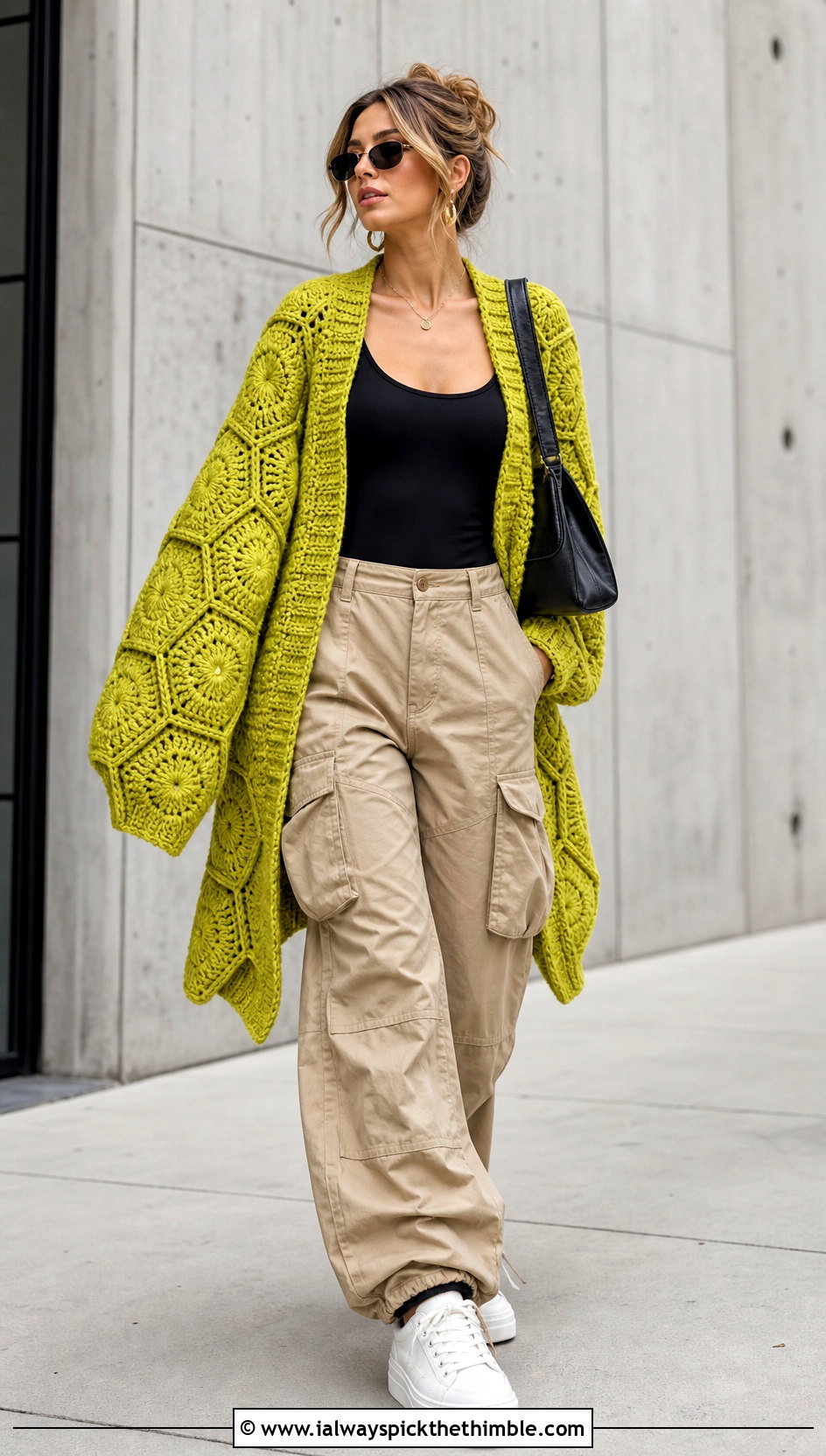 Oversized Hexagon Crochet Cardigan With Cargo Pants - 20 unique crochet cardigan outfit ideas