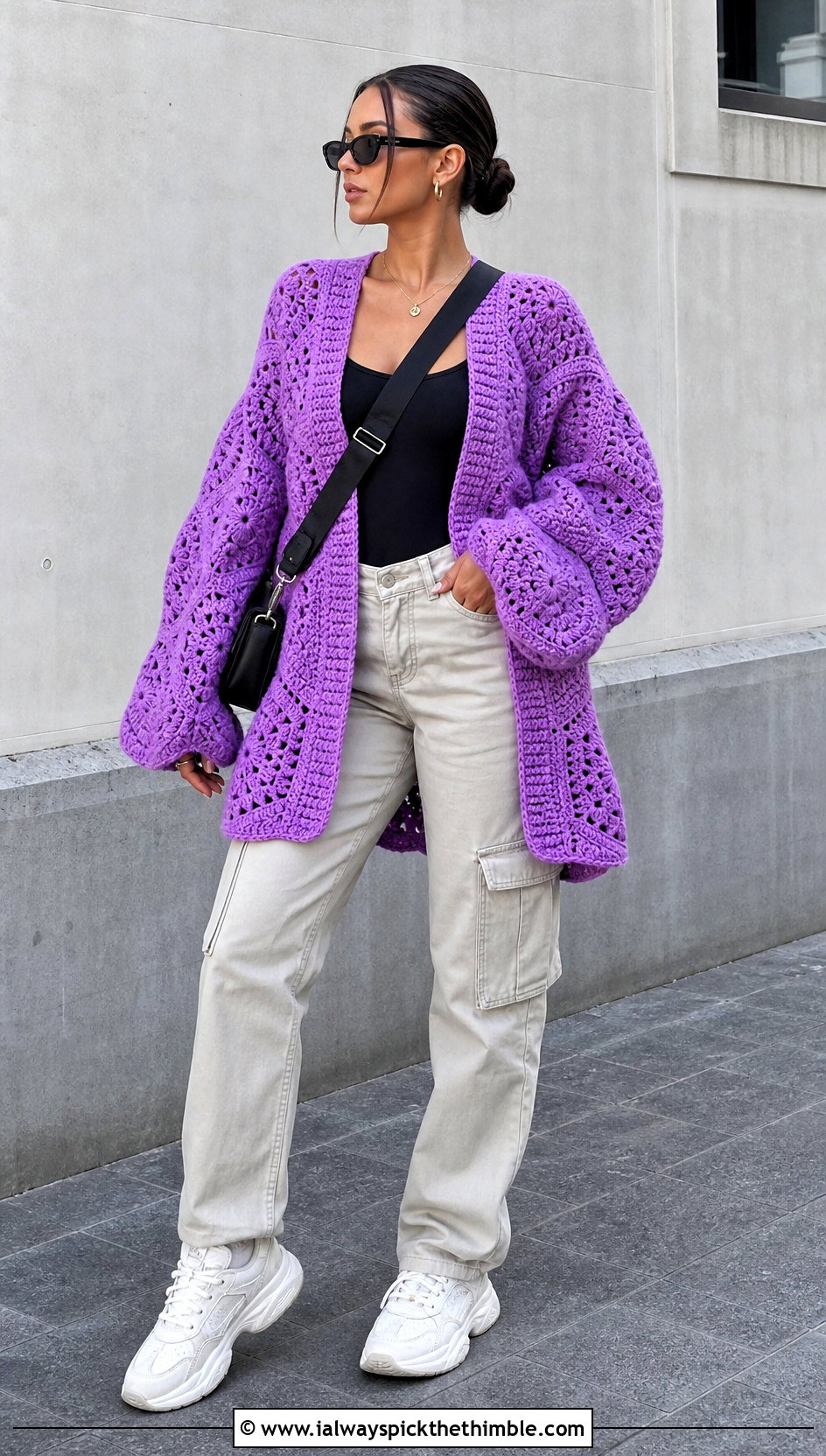 Oversized Hexagon Crochet Cardigan With Cargo Pants - 25 crochet cardigans outfit ideas