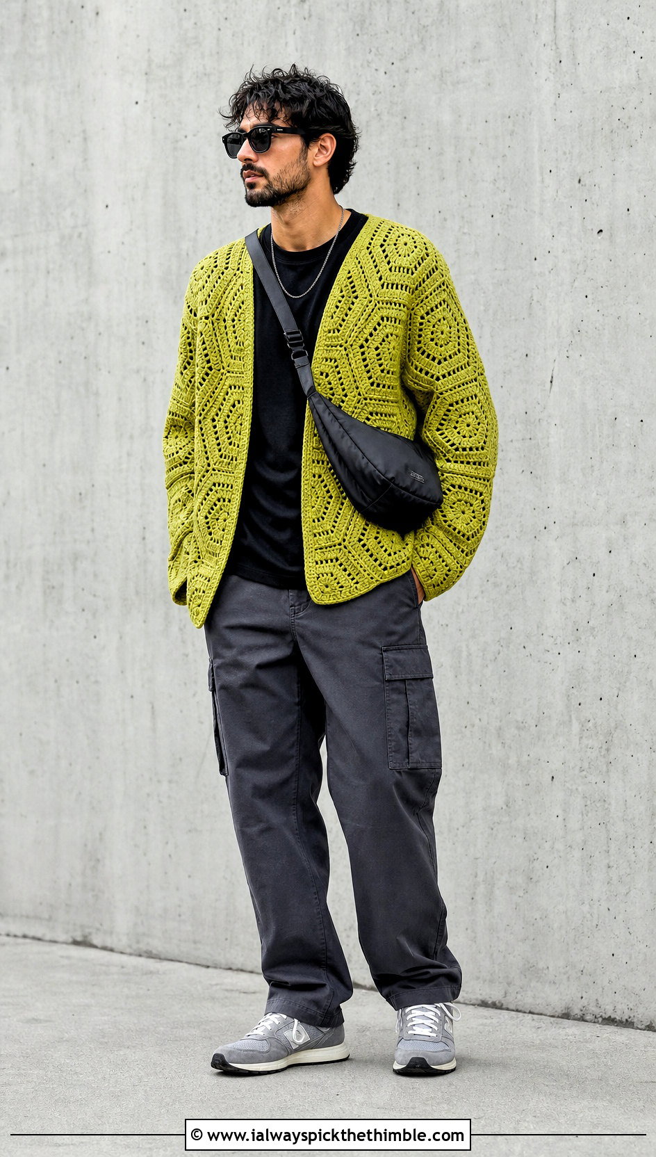 Oversized Hexagon Crochet Cardigan With Cargo Pants - 25 men hexagon crochet cardigan outfit ideas