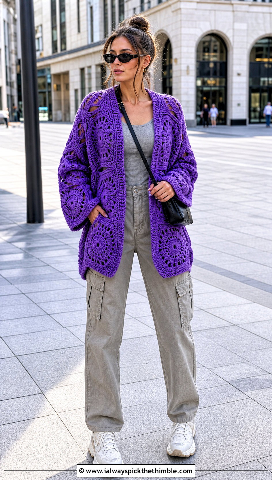 Oversized Hexagon Crochet Cardigan With Cargo Pants - 15 classic crochet cardigan outfit ideas