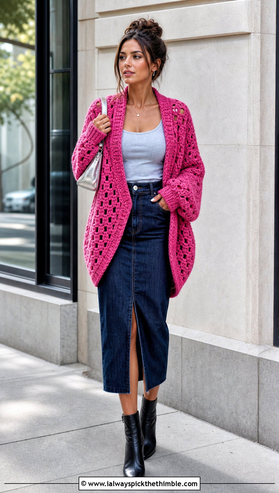 Oversized Hexagon Crochet Cardigan With Denim Midi Skirt - 20 oversized chunky crochet cardigan outfit ideas