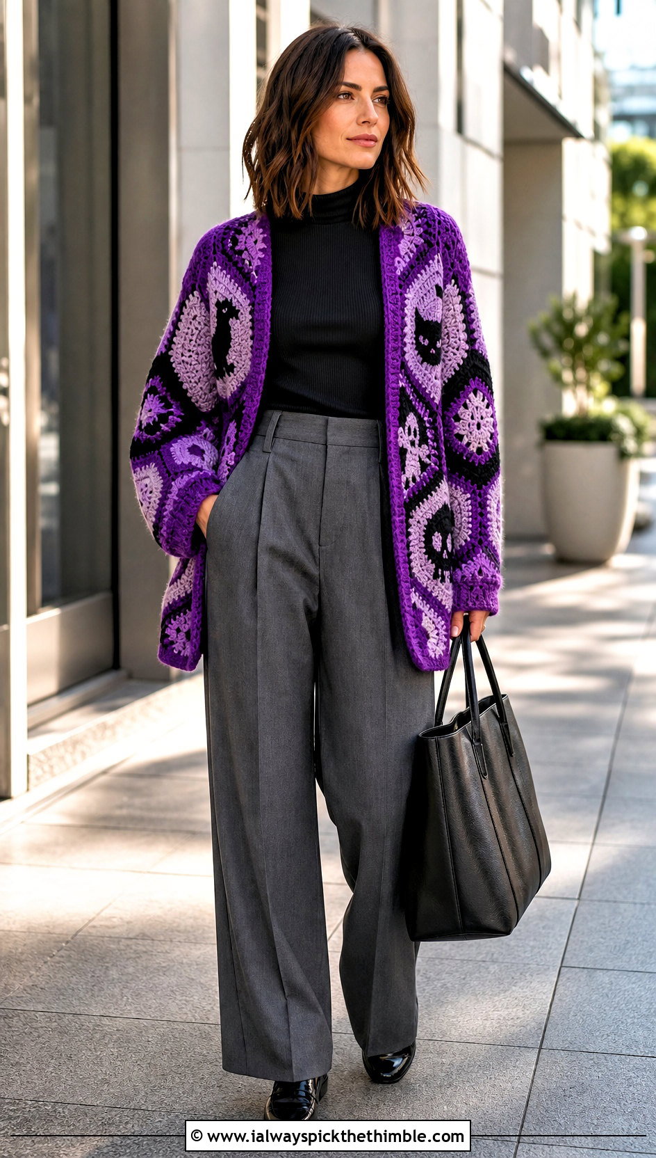 Oversized Hexagon Crochet Cardigan With Tailored Trousers - 20 halloween crochet cardigan outfit ideas