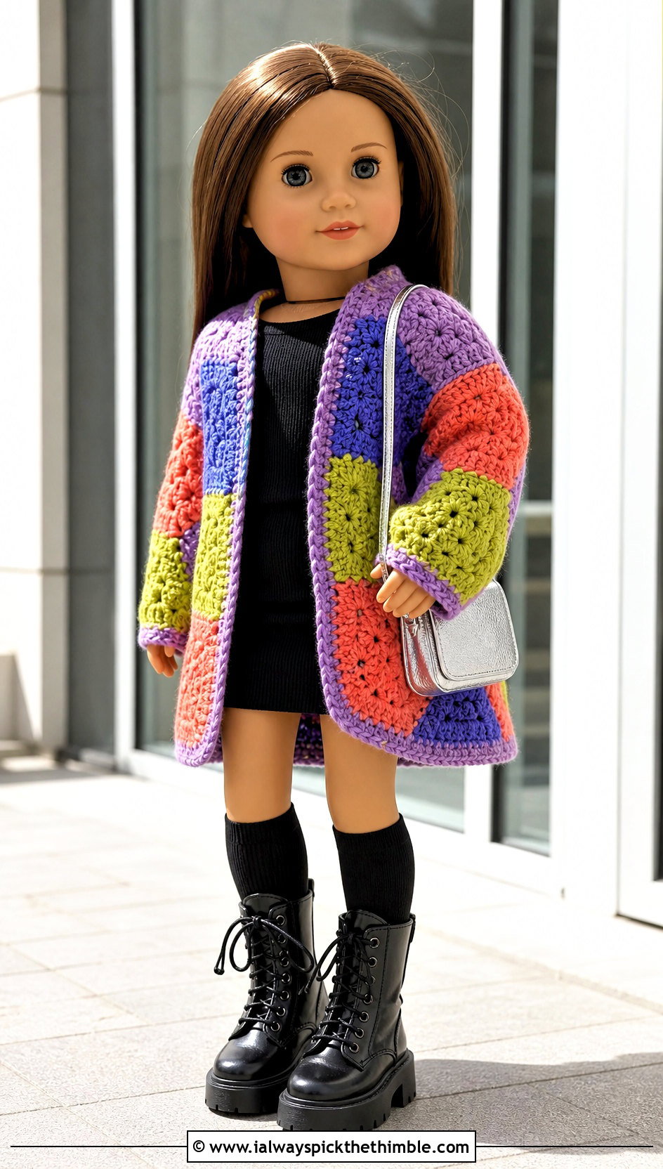 Oversized Hexagon Crochet Doll Cardigan With Mini Dress - 20 crochet doll cardigan outfit ideas