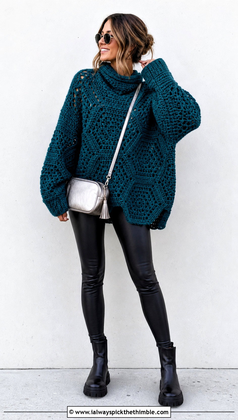 Oversized Hexagon Pullover With Leather Leggings - 25 crochet hexagon pullover outfit ideas