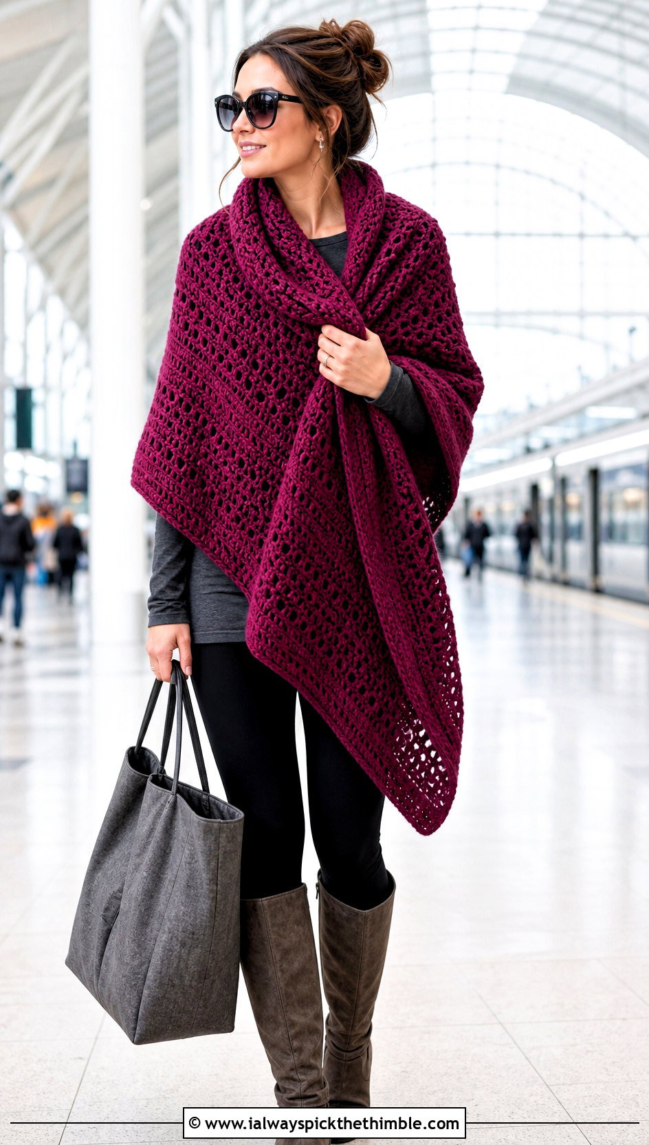 Oversized Hexagon Wrap Shawl With Leggings - 20 Crochet Hexagon Shawl outfit ideas