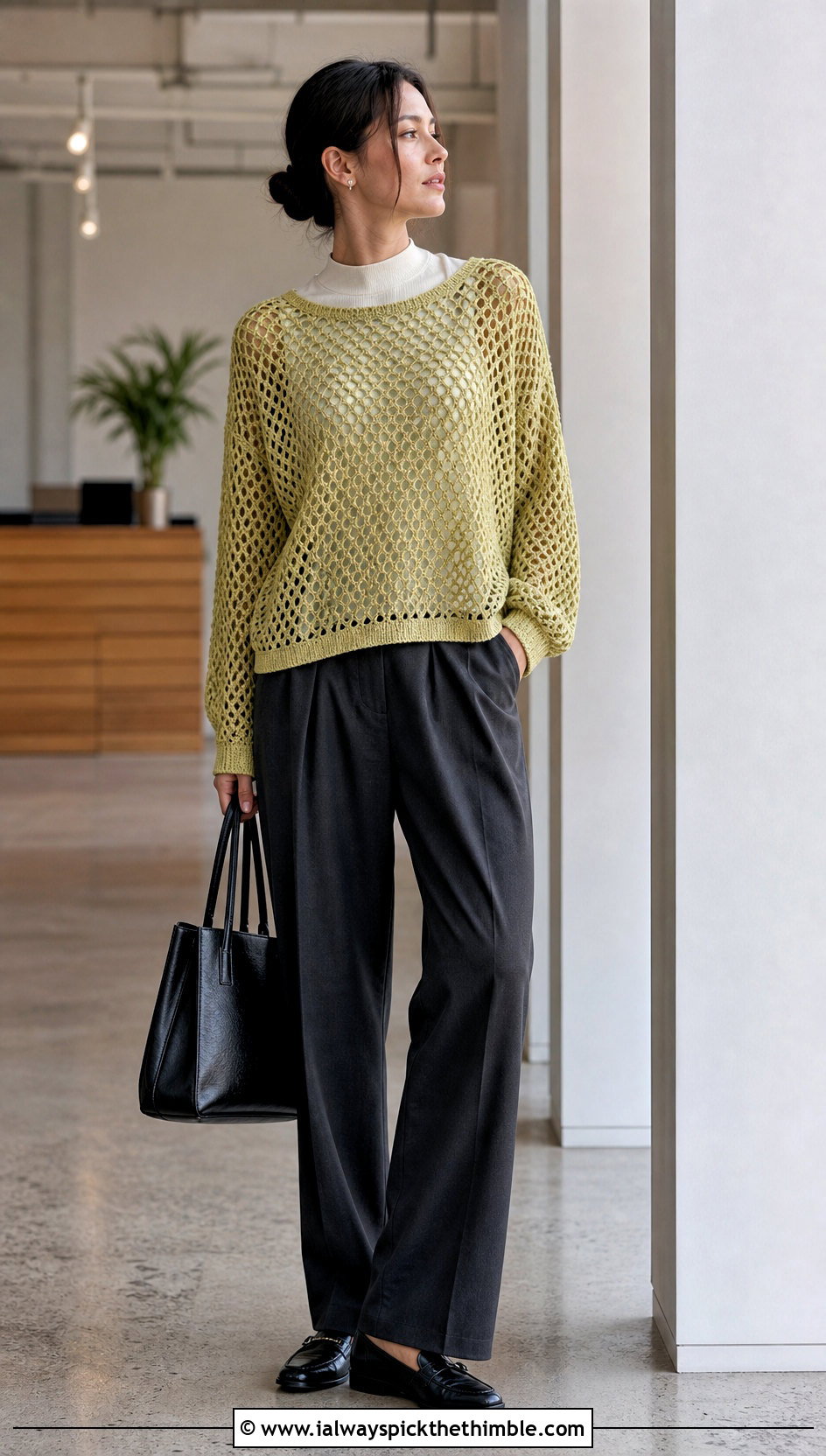 Oversized Honeycomb Mesh Top With Tailored Trousers - 15 Crochet Long Sleeve Mesh Top outfit ideas