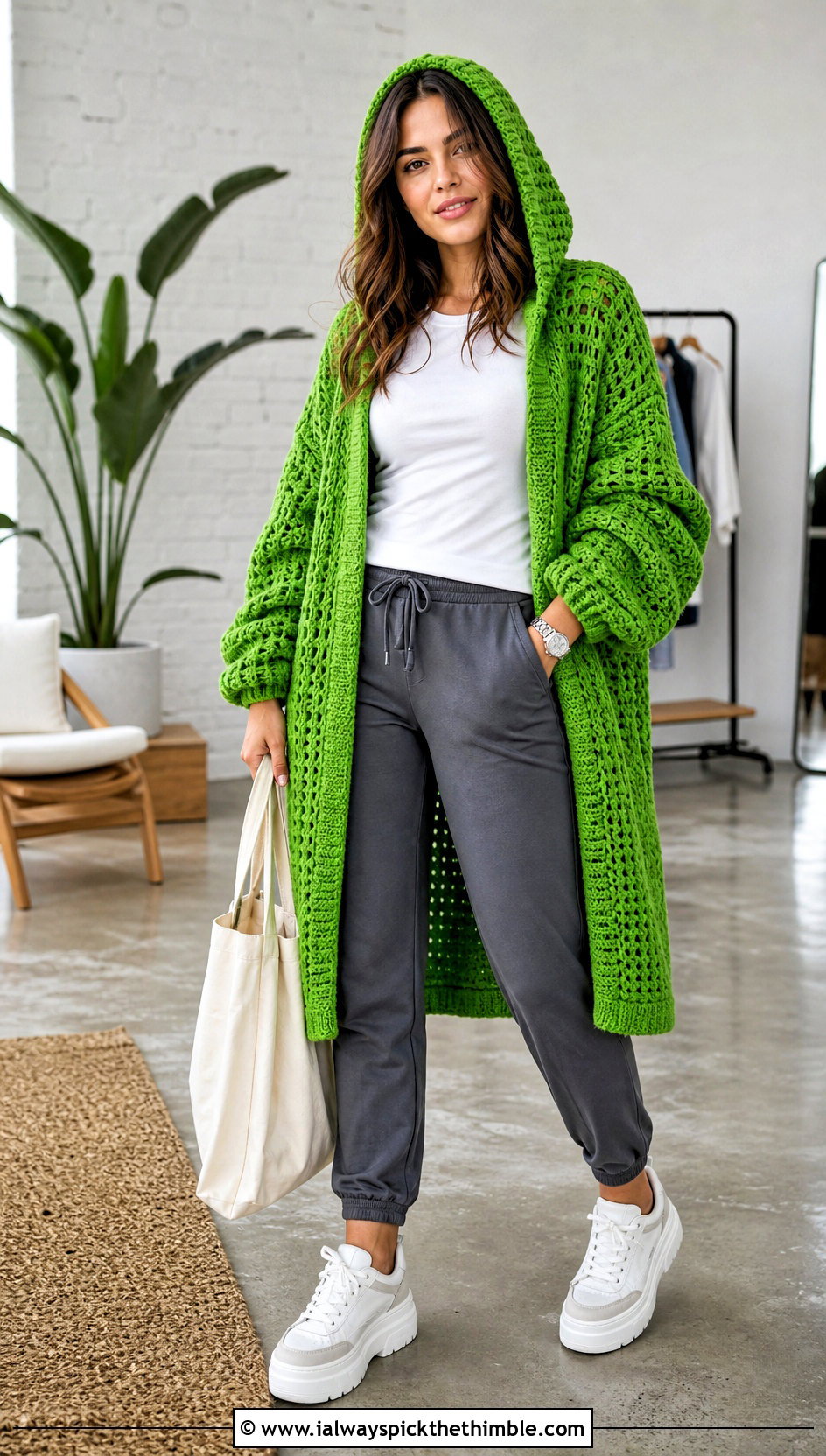 Oversized Hooded Crochet Cardigan With Joggers - 25 oversized crochet cardigan outfit ideas