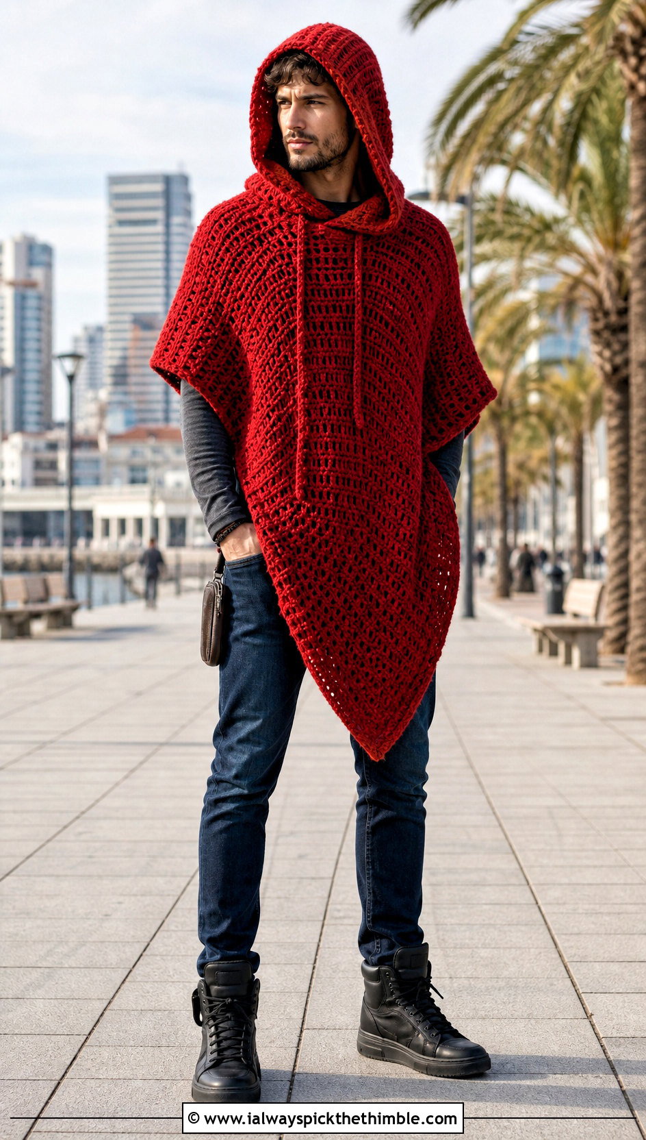 Oversized Hooded Crochet Poncho With Slim Jeans - 15 mens hooded crochet poncho outfit ideas