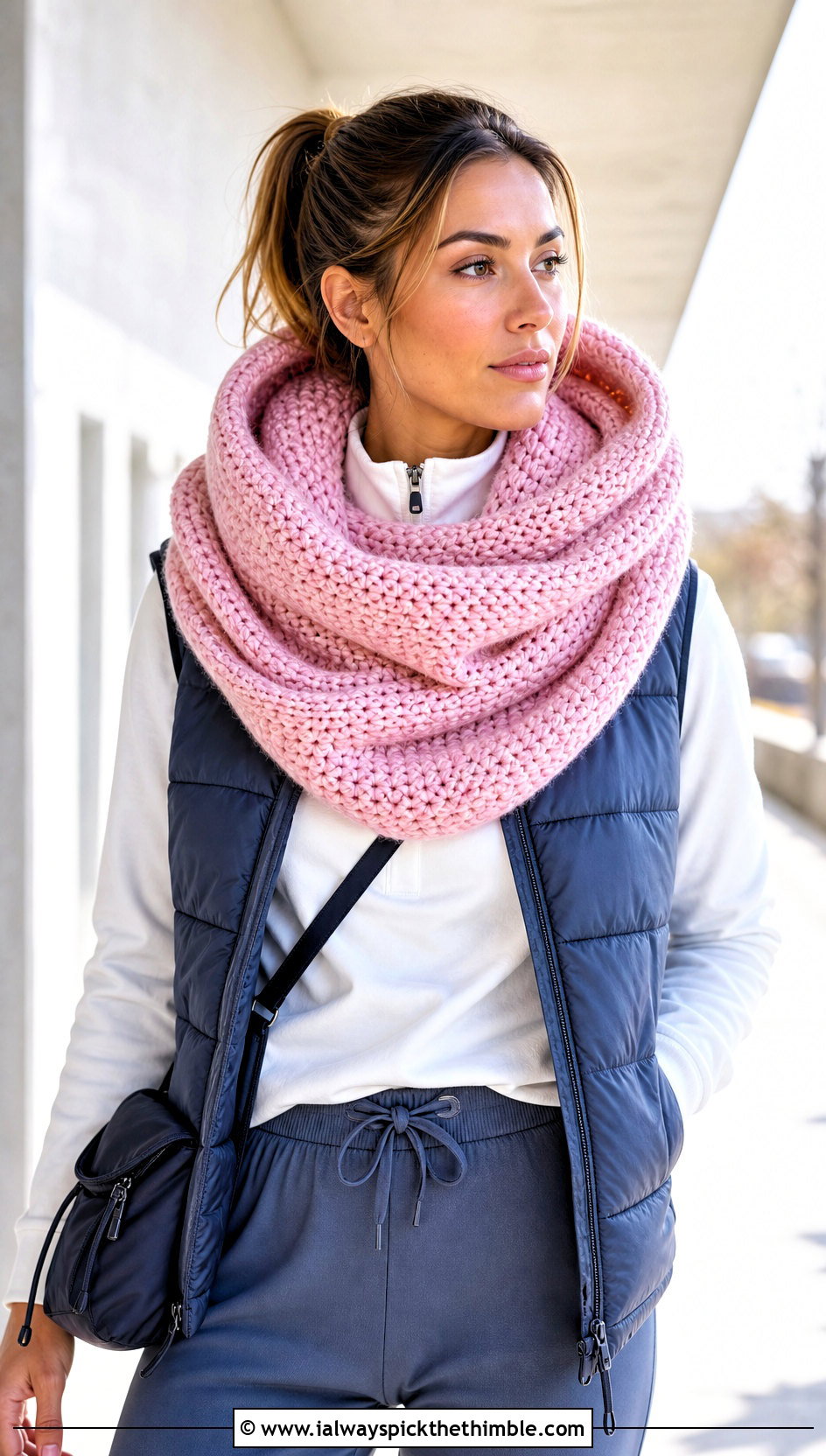 Oversized Hooded Snood With Puffer Vest - 20 Crochet Hoodie Scarf outfit ideas