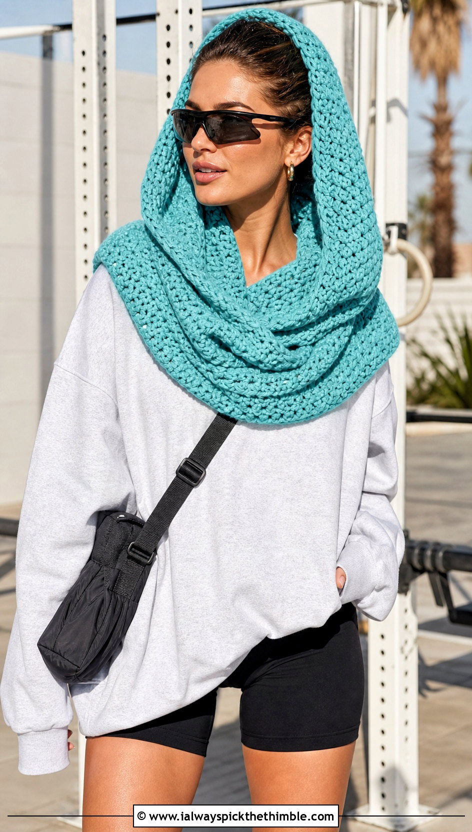 Oversized Hooded Snood With Sweatshirt And Bike Shorts - 25 crochet hooded scarf outfit ideas