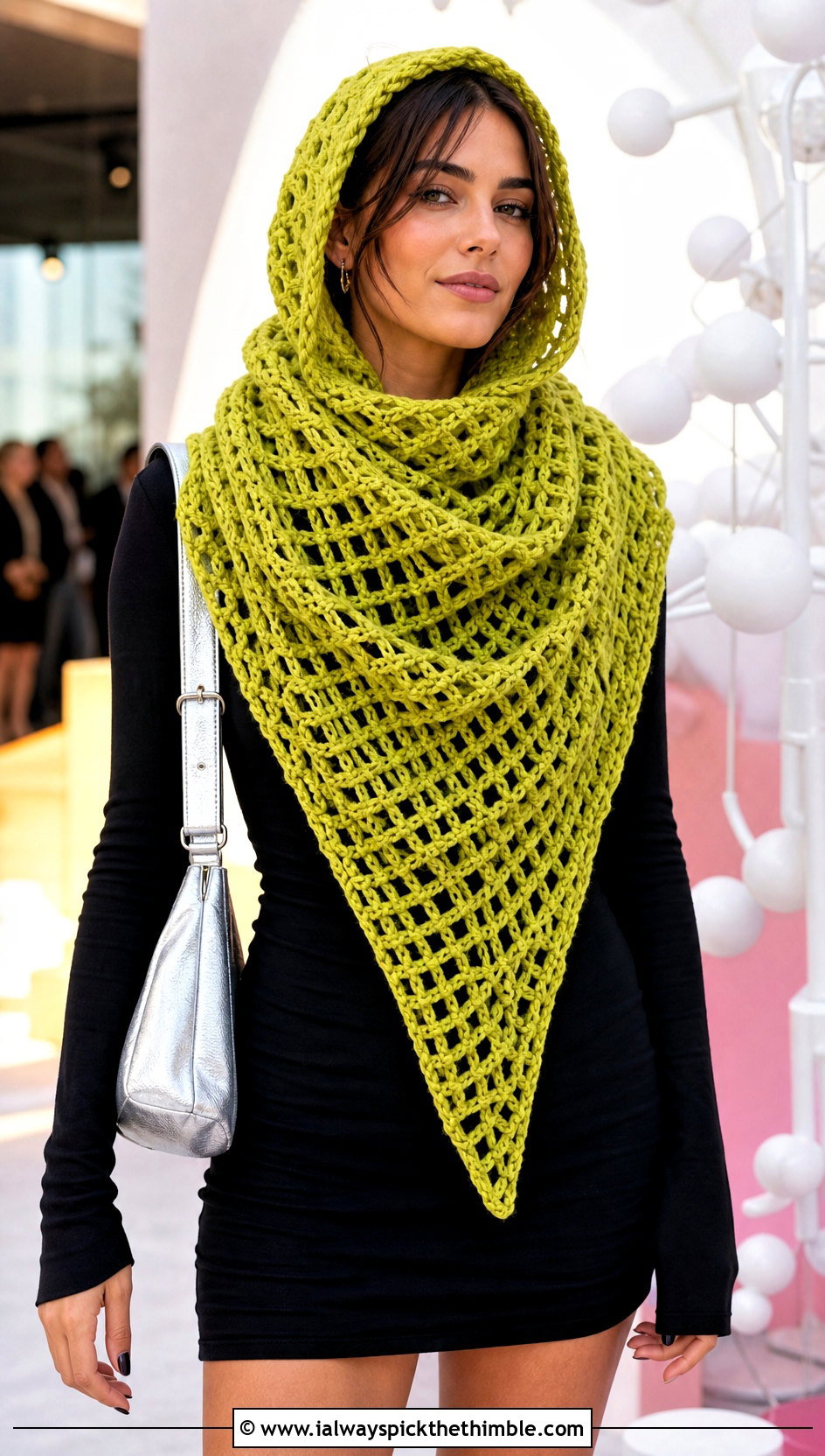 Oversized Hooded Triangle Crochet Scarf With Mini Dress - 20 Hooded Triangle Crochet Scarf outfit ideas