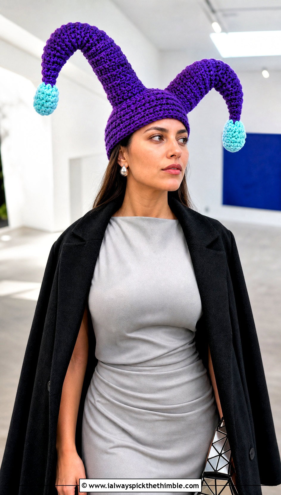 Oversized Horn Crochet Jester Hat With Column Dress - 25 crochet jester hat outfit ideas