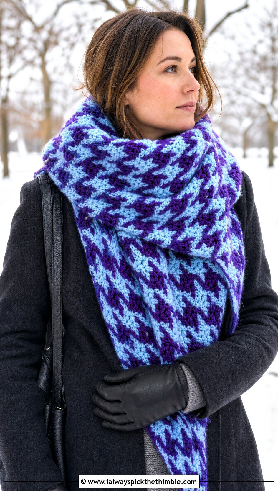 Oversized Houndstooth Crochet Blanket Scarf With Wool Coat - 15 Houndstooth Crochet Scarf outfit ideas