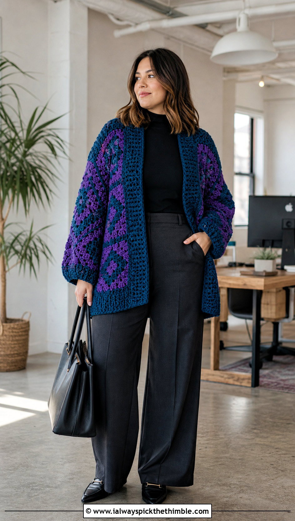 Oversized Howl Crochet Cardigan With Tailored Wide Leg Pants - 20 Howl Crochet Cardigan outfit ideas