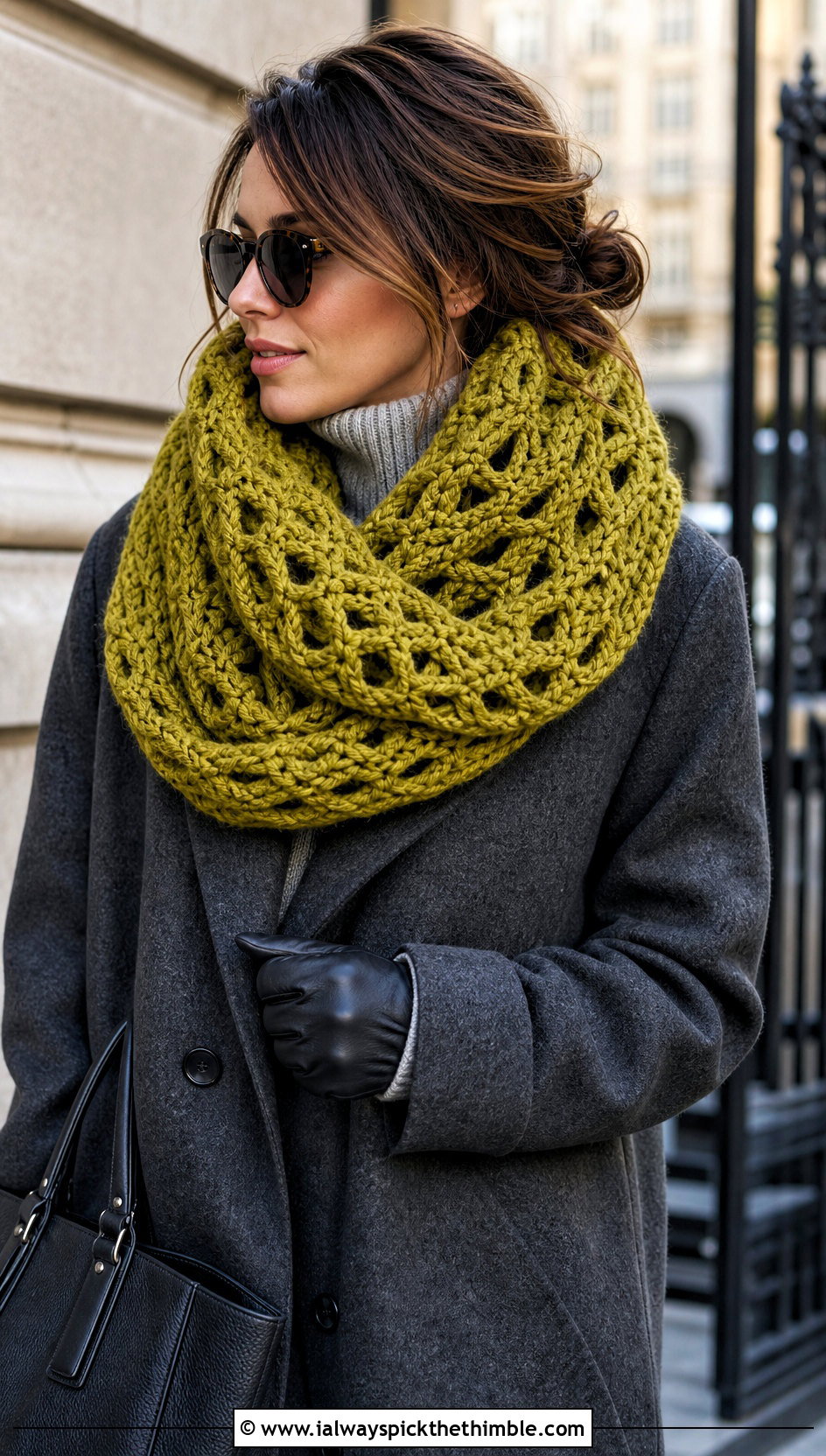 Oversized Infinity Crochet Cowl With Wool Coat - 25 crochet cowl outfit ideas