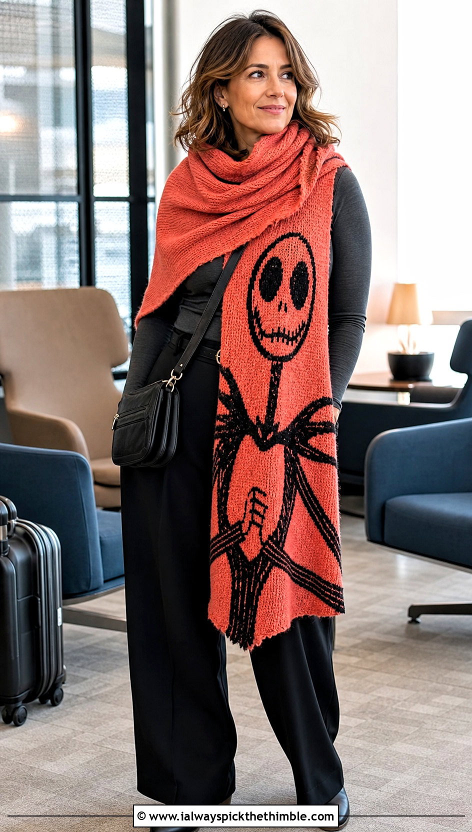 Oversized Jack Skellington Blanket Scarf With Monochrome Outfit - 20 Crochet Jack Skellington Scarf outfit ideas