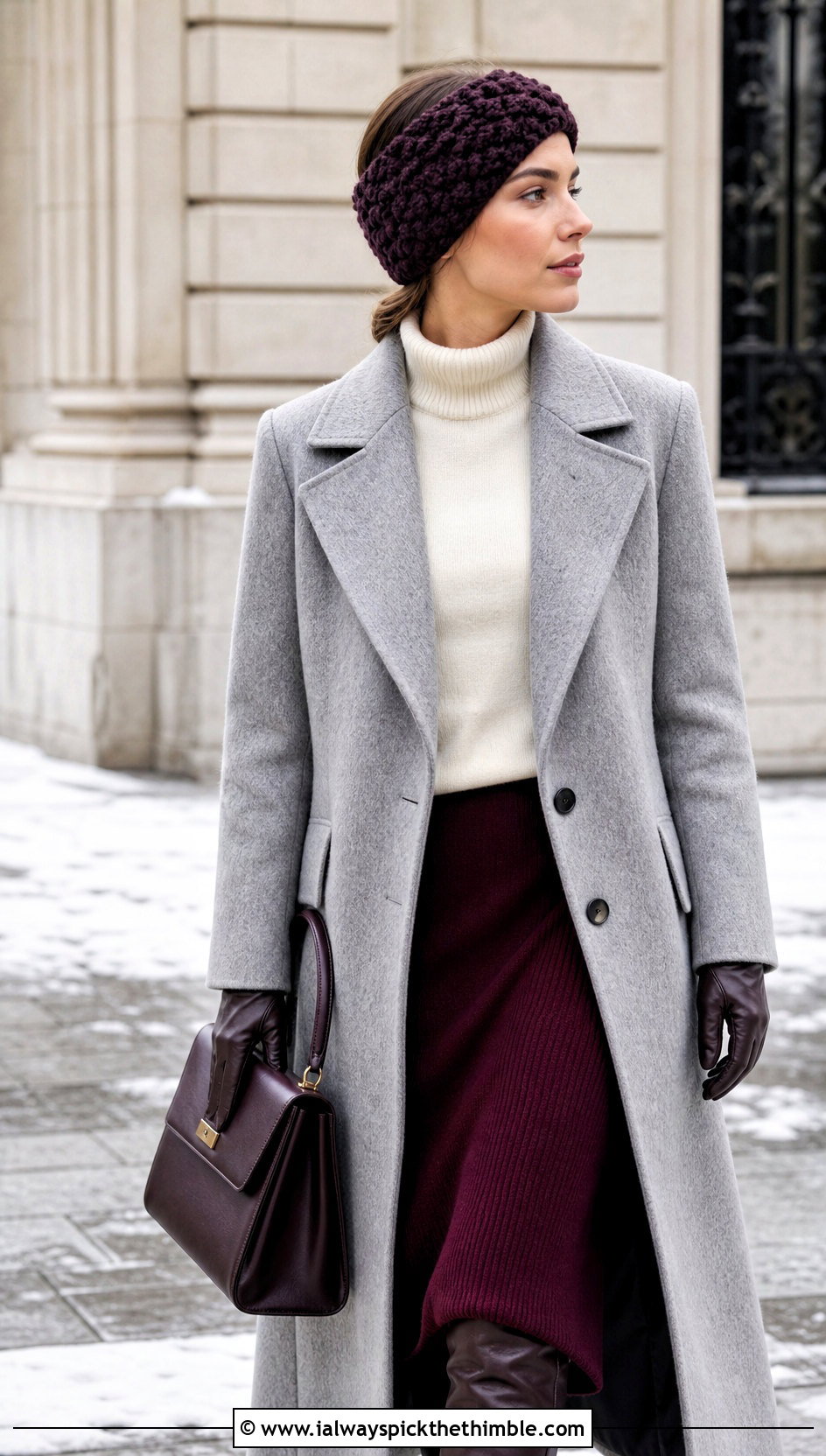 Oversized Jasmine Stitch Ear Warmer With Wool Coat - 20 Crochet Jasmine Stitch Headband outfit ideas