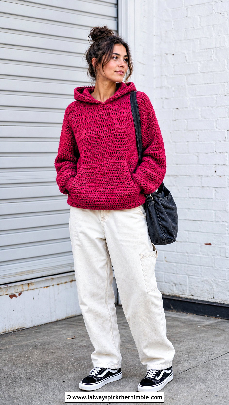 Oversized Kangaroo Pocket Crochet Hoodie With Carpenter Jeans - 20 oversized crochet hoodie outfit ideas