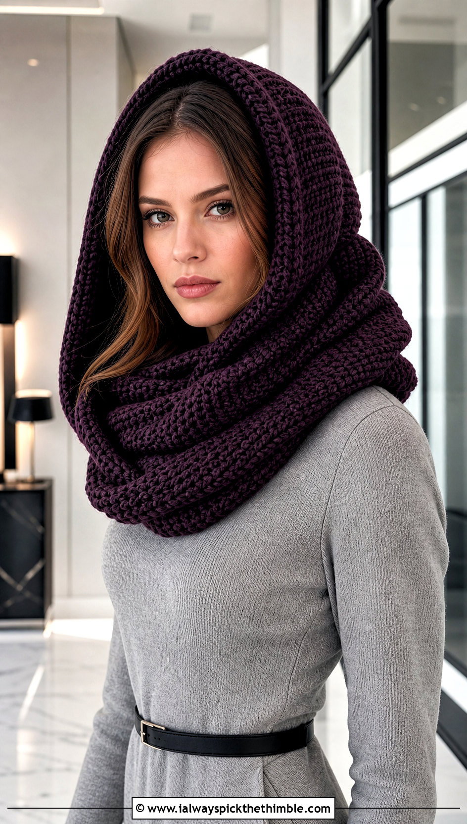 Oversized Katniss Crochet Snood With Knit Column Dress - 15 katniss crochet hat outfit ideas