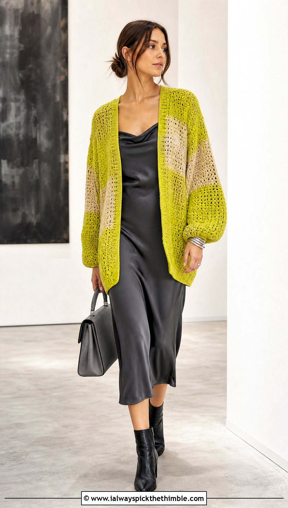 Oversized Large Block Cardigan With Slip Dress - 20 crochet block cardigan outfit ideas