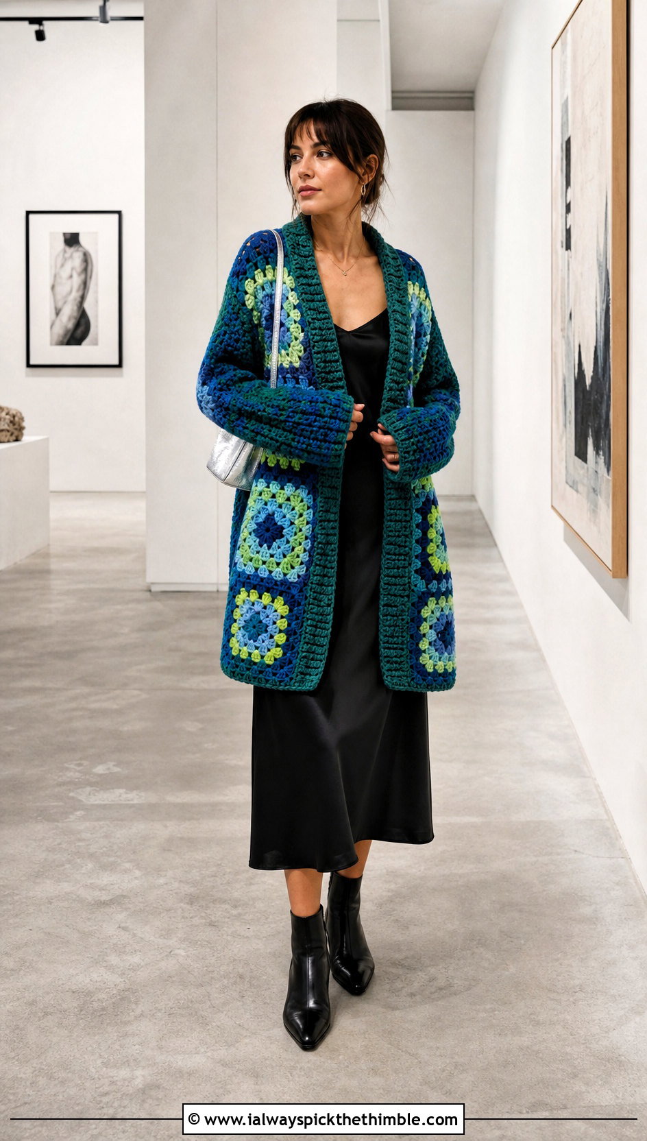 Oversized Large Square Granny Cardigan With Slip Dress - 20 crochet granny squares cardigan outfit ideas