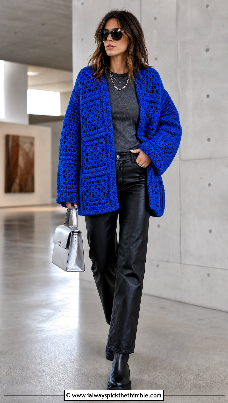 Oversized Large Square Granny Jumper With Leather Pants - 20 Crochet Granny Jumper outfit ideas