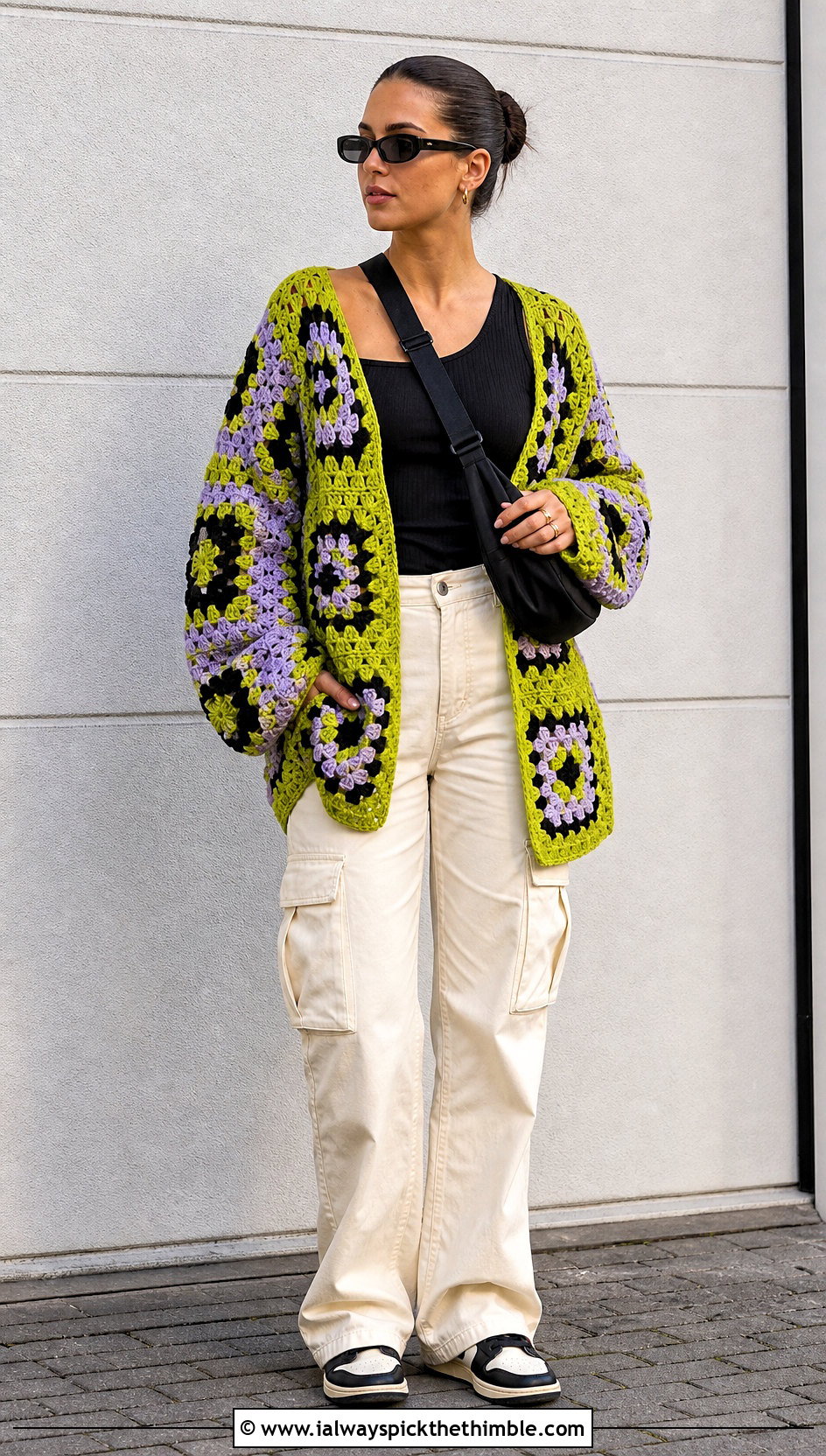 Oversized Large Square Granny Square Cardigan With Cargo Pants - 15 Never Off Granny Square Cardigan outfit ideas